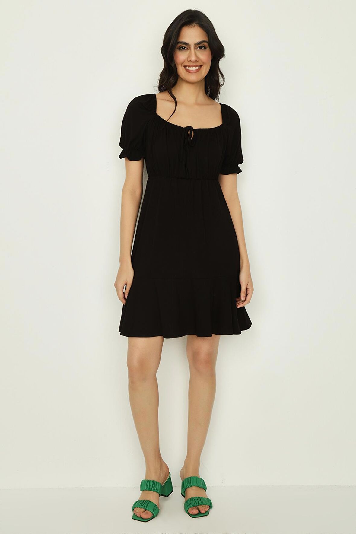 Kadın Kare Yaka Balon Kollu Örme Elbise