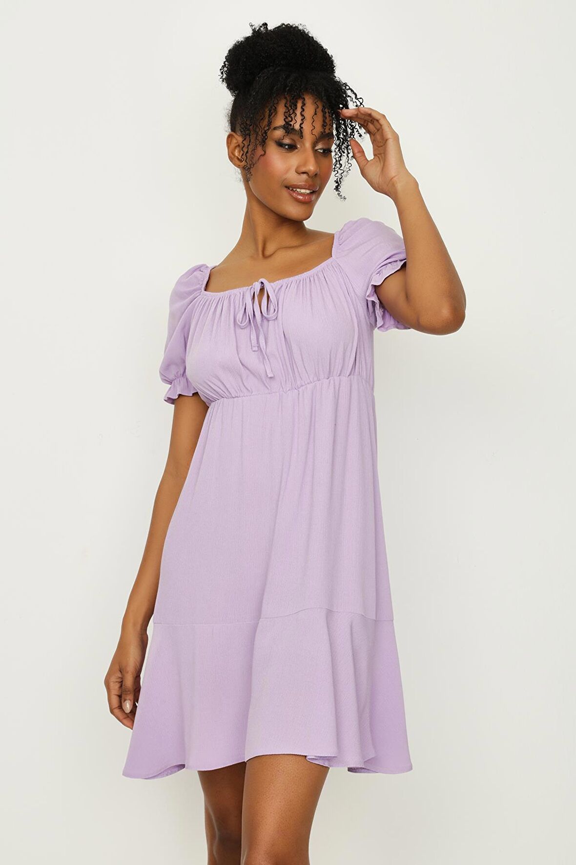 Kadın Kare Yaka Balon Kollu Örme Elbise