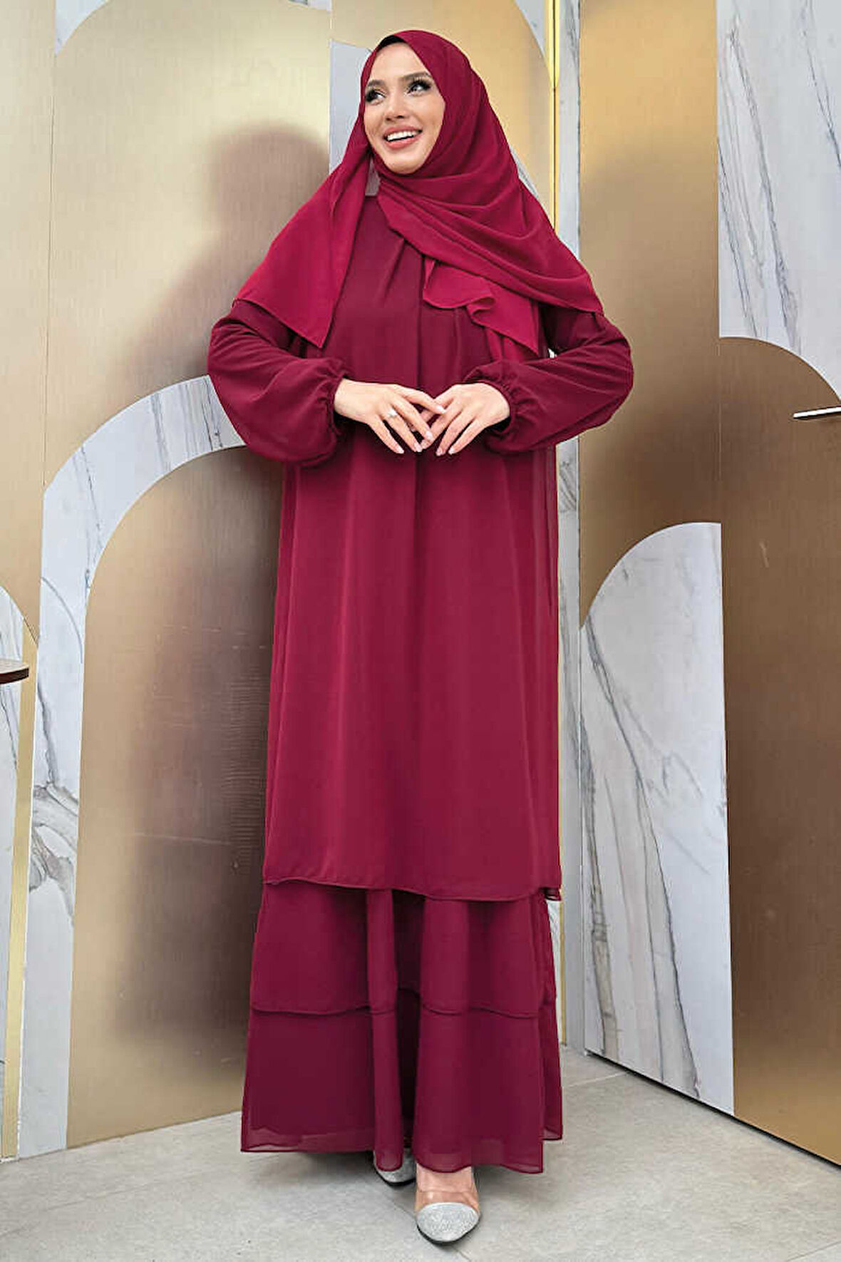 Kat Kat Görünüm Kol Manşetleri Lastikli Şifon Elbise 3060 Bordo