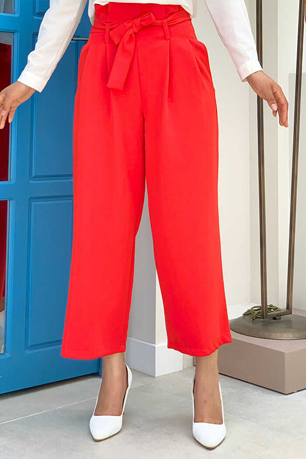 Fermuarlı Bel Bağcıklı Pantolon 0174 Kırmızı