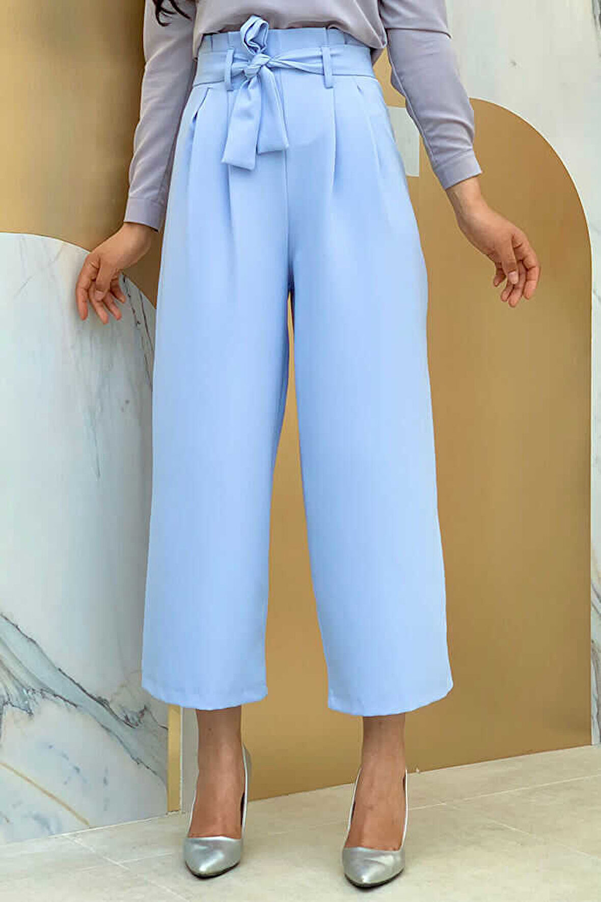 Fermuarlı Bel Bağcıklı Pantolon 0174 Bebe Mavisi