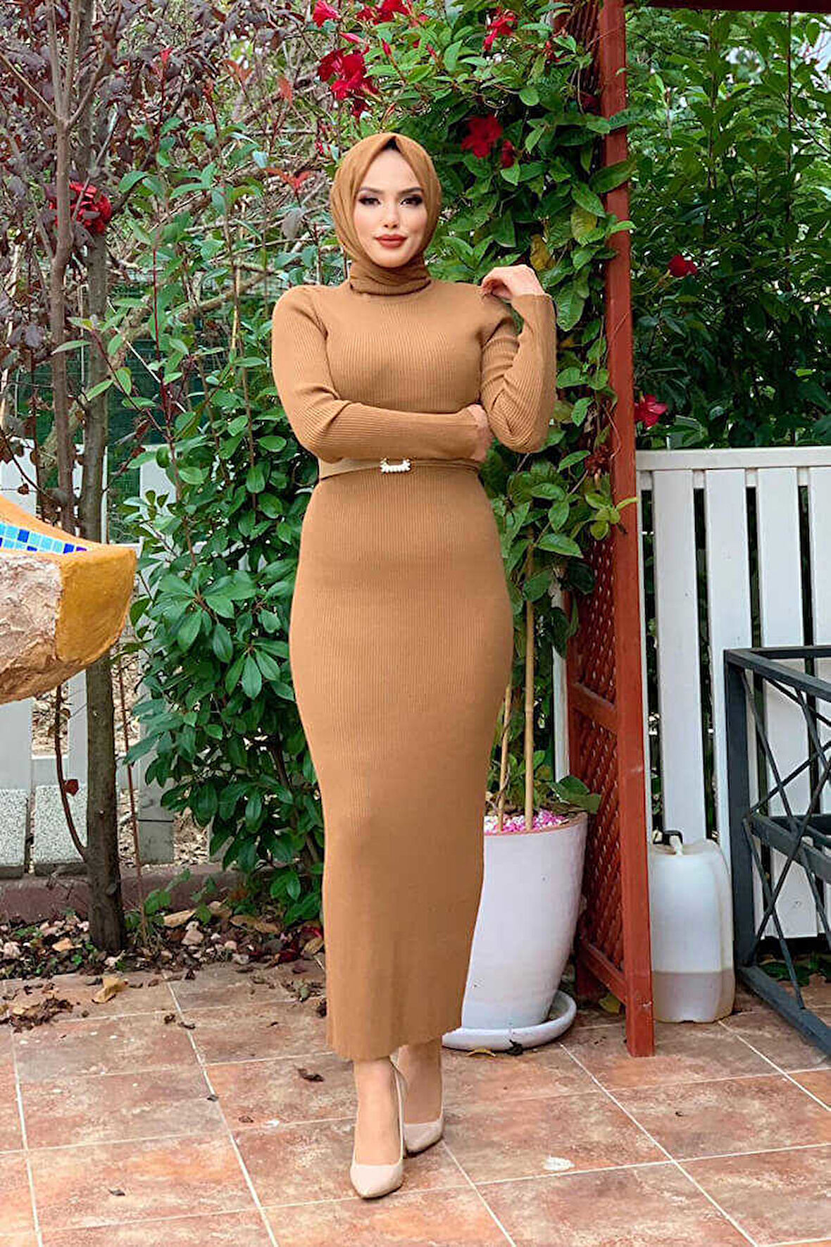 Balıkçı Yaka Fitilli Triko Elbise 4100 Taba