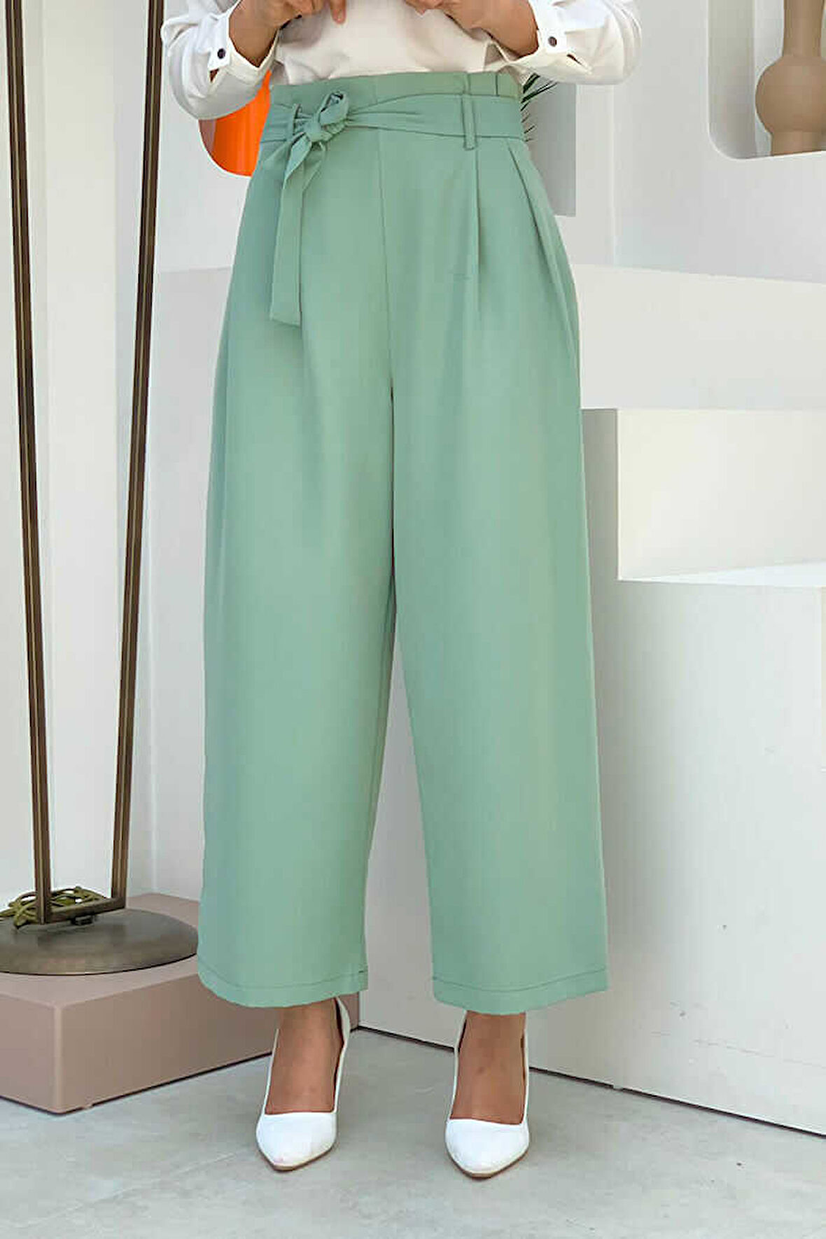 Fermuarlı Bel Bağcıklı Pantolon 0174 Mint