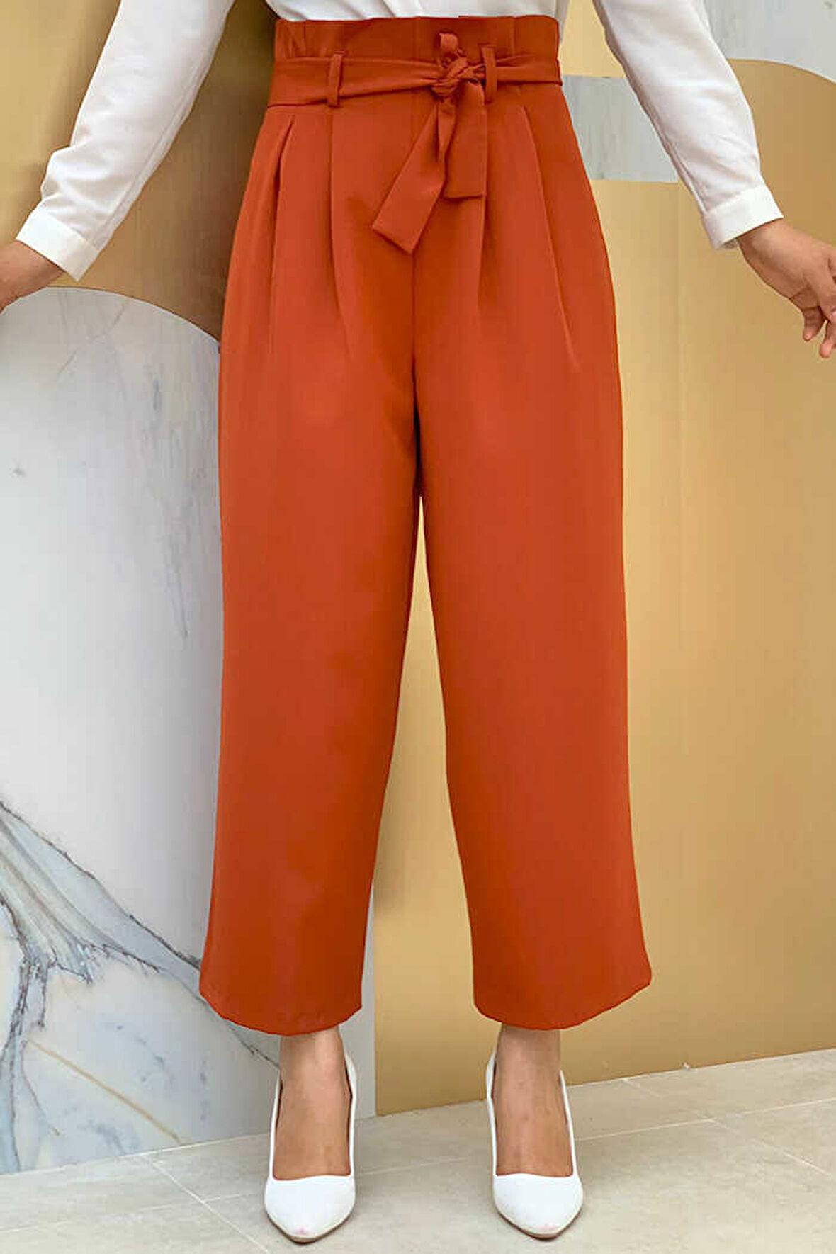Fermuarlı Bel Bağcıklı Pantolon 0174 Kiremit