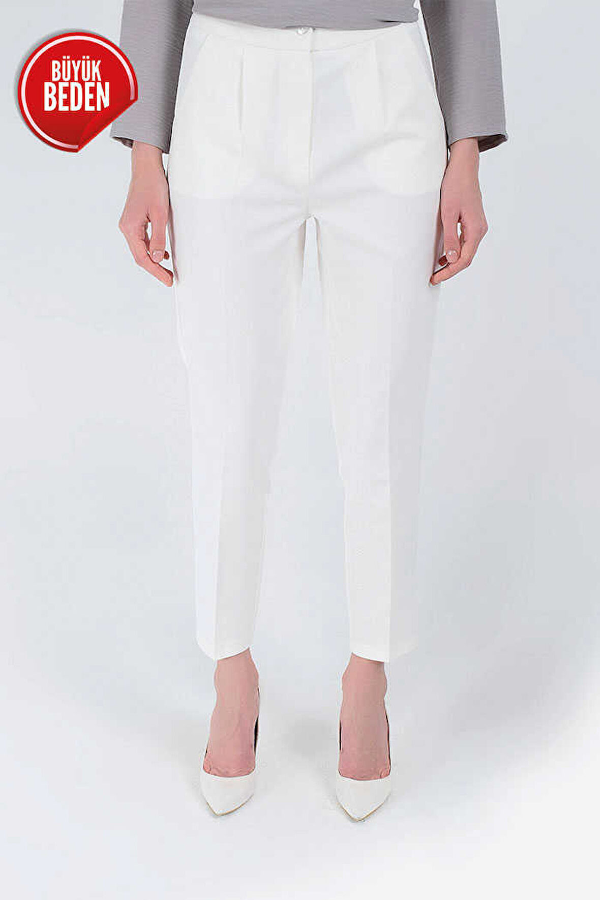 Büyük Beden Fermuarlı Cep Detaylı Kalem Pantolon 0201-1 Ekru