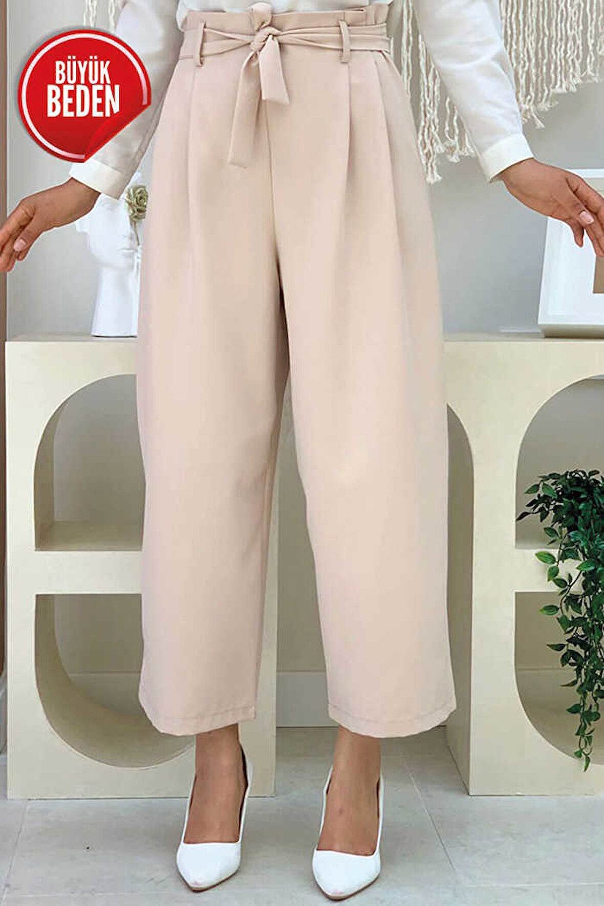 Büyük Beden Fermuarlı Bel Bağcıklı Pantolon 0174-1 Taş