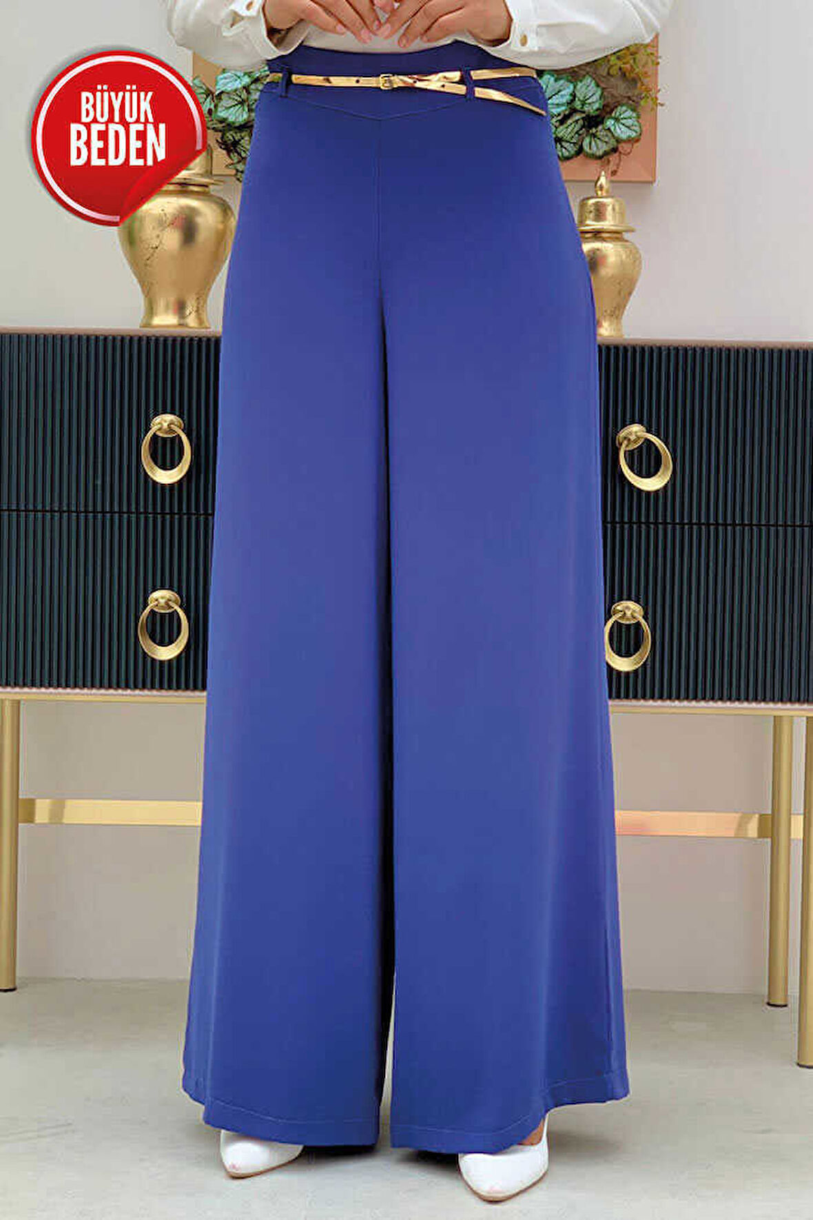 Büyük Beden Fermuarlı Kemer Aksesuarlı Pantolon Etek 0125-1 İndigo