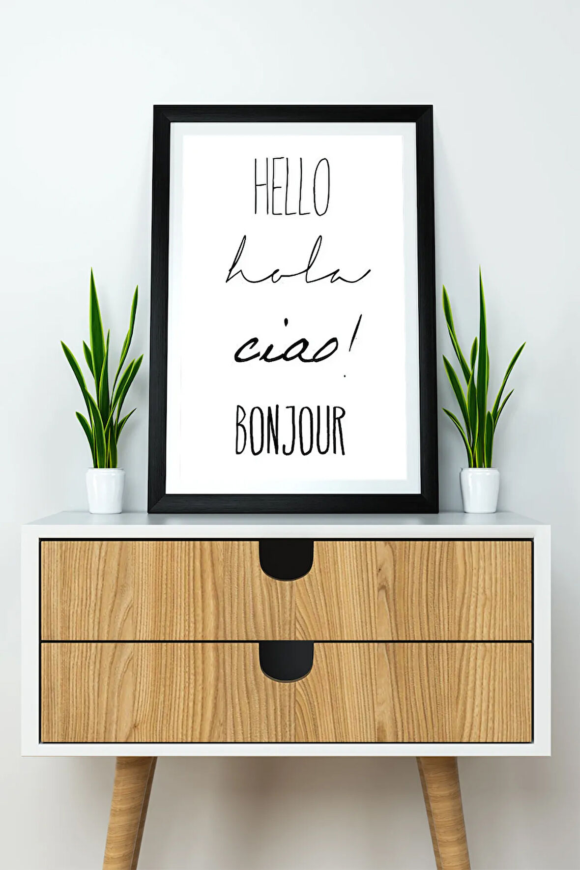 Tek Parça Çerçeve Görünümlü Yazılı Mdf Tablo "Hello Ciao Bonjour"