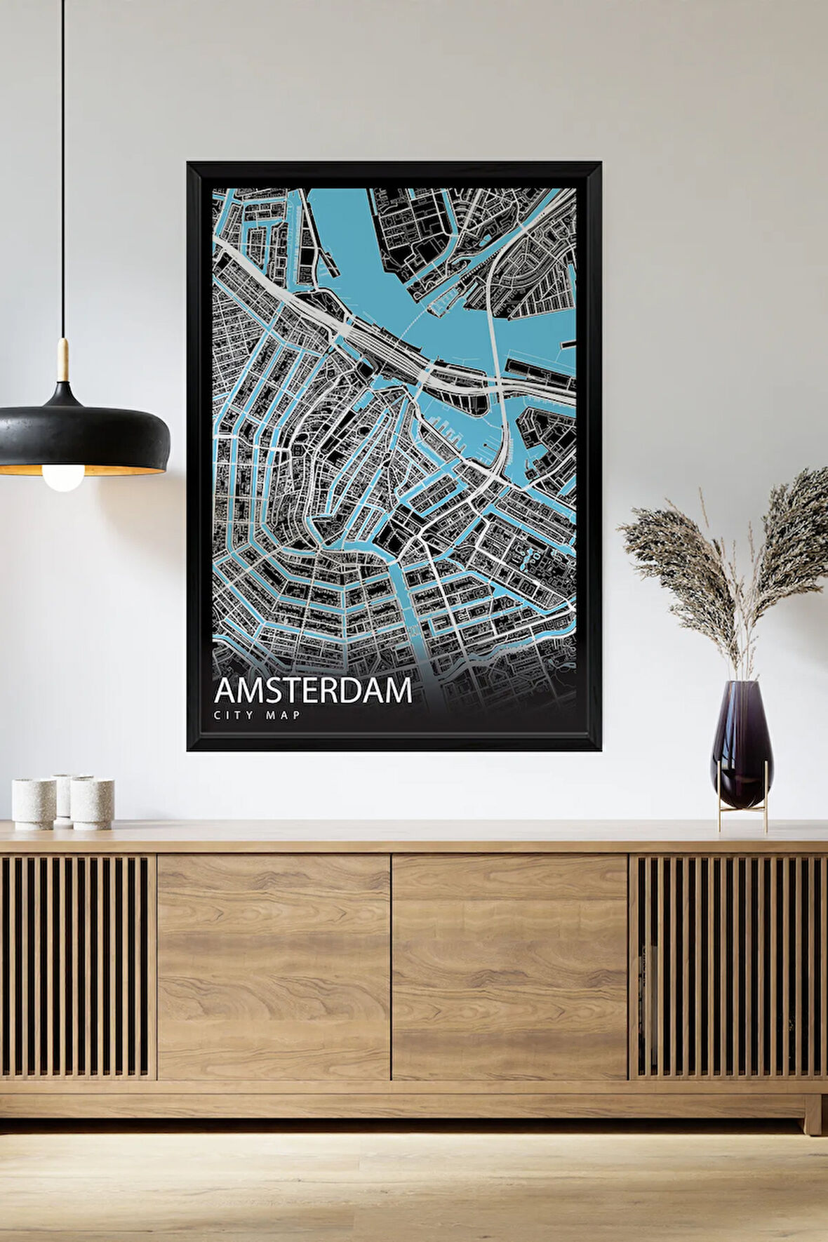 Tek Parça Siyah Çerçeve Görünümlü "Amsterdam Siyah" Harita Mdf Tablo