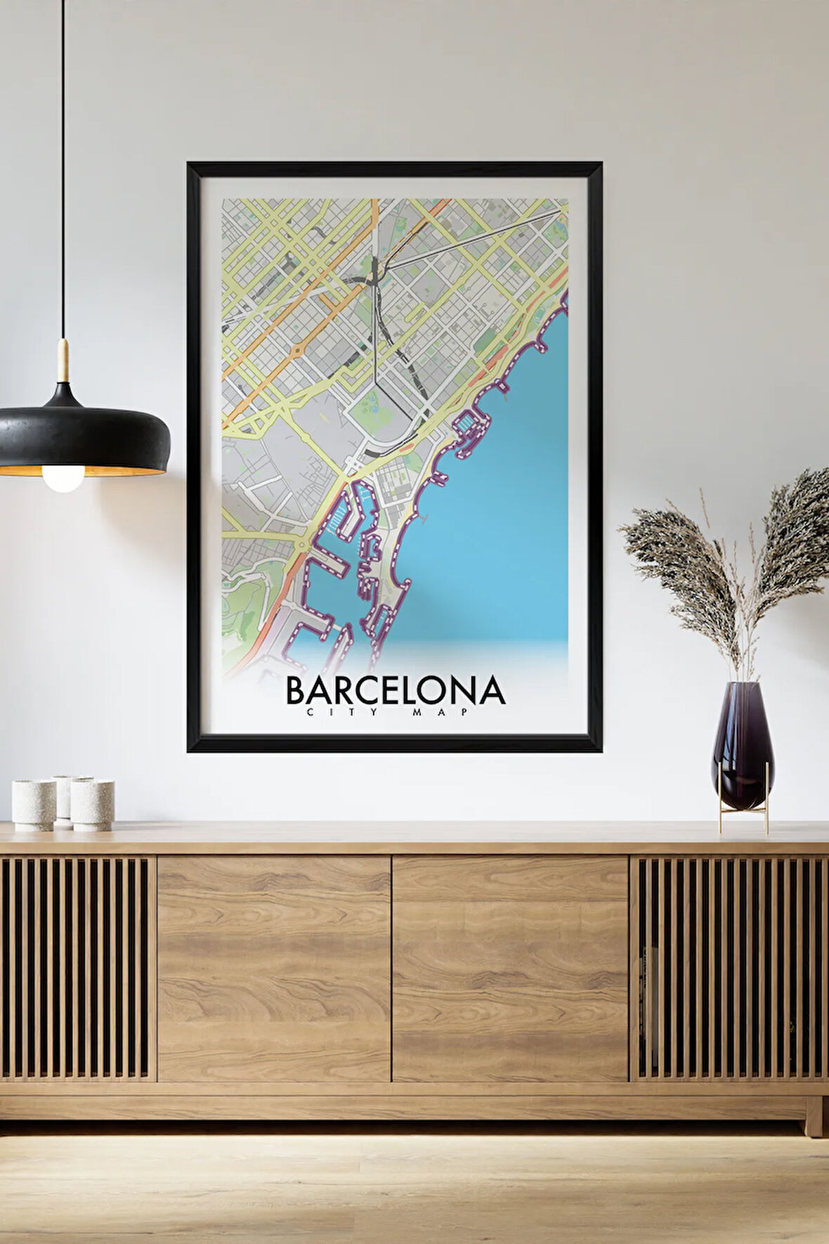 Tek Parça Siyah Çerçeve Görünümlü "Barcelona Beyaz" Harita Mdf Tablo