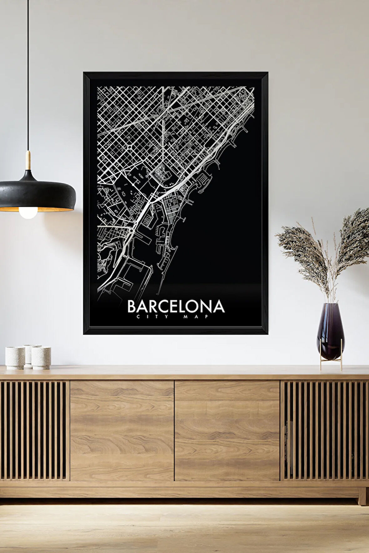 Tek Parça Siyah Çerçeve Görünümlü "Barcelona Siyah" Harita Mdf Tablo