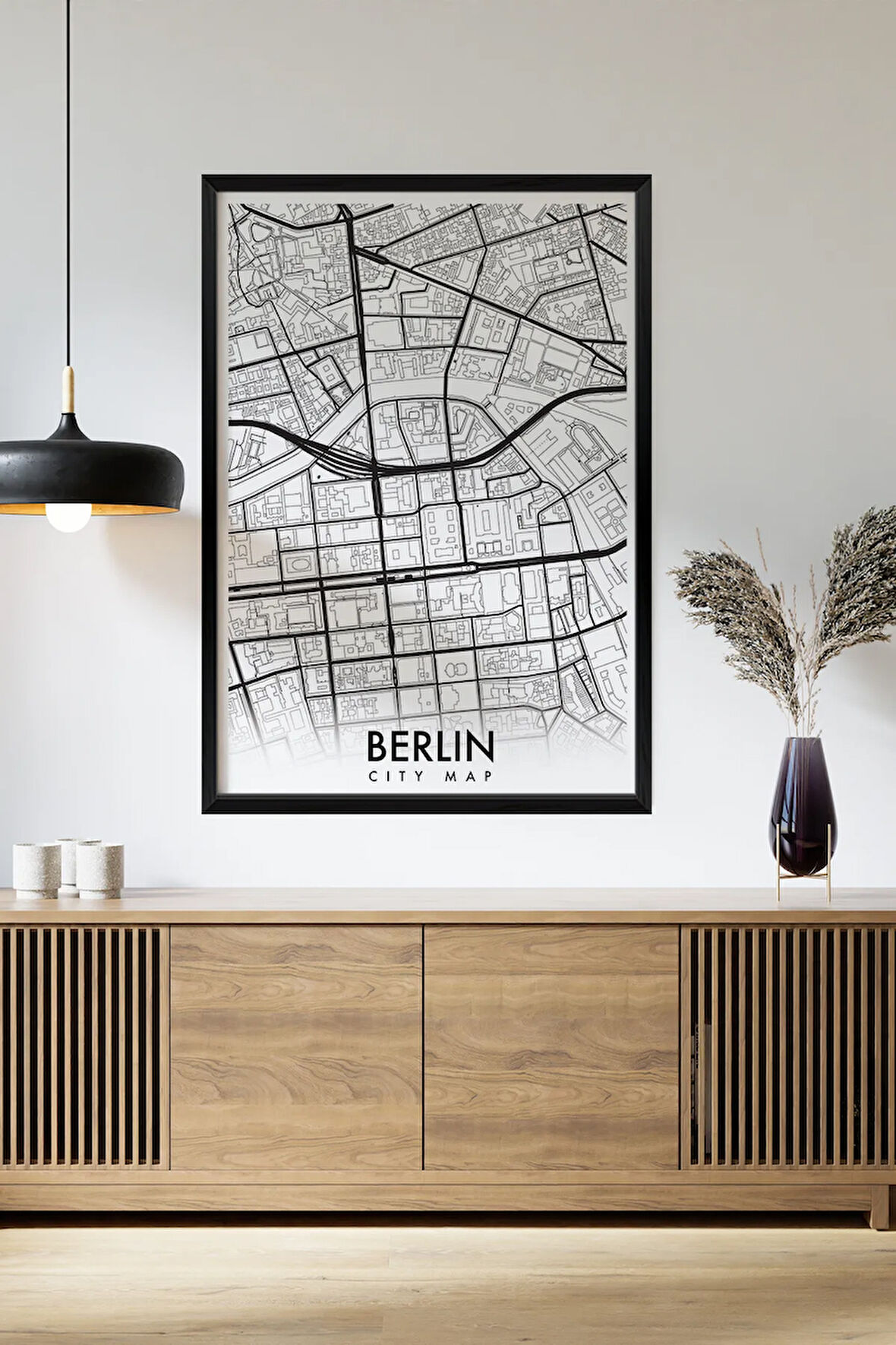 Tek Parça Siyah Çerçeve Görünümlü "Berlin Beyaz" Harita Mdf Tablo