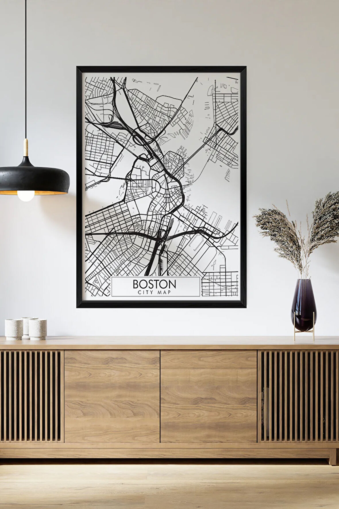 Tek Parça Siyah Çerçeve Görünümlü "Boston Beyaz" Harita Mdf Tablo