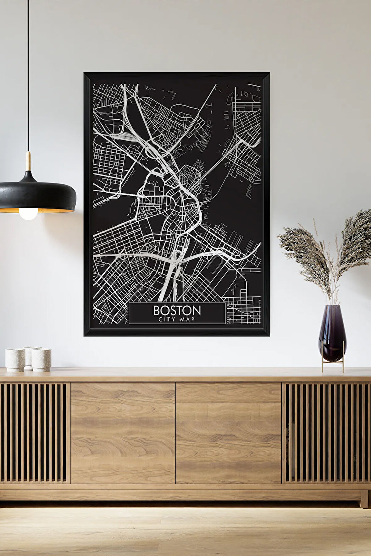 Tek Parça Siyah Çerçeve Görünümlü "Boston Siyah" Harita Mdf Tablo