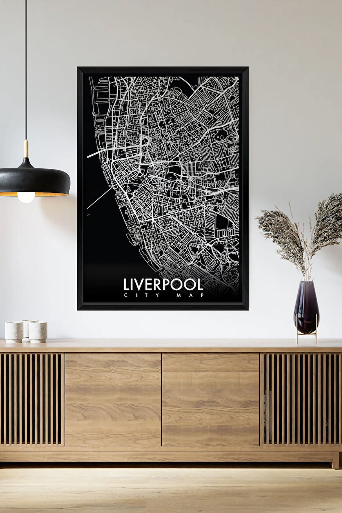 Tek Parça Siyah Çerçeve Görünümlü "Liverpool Siyah" Harita Mdf Tablo