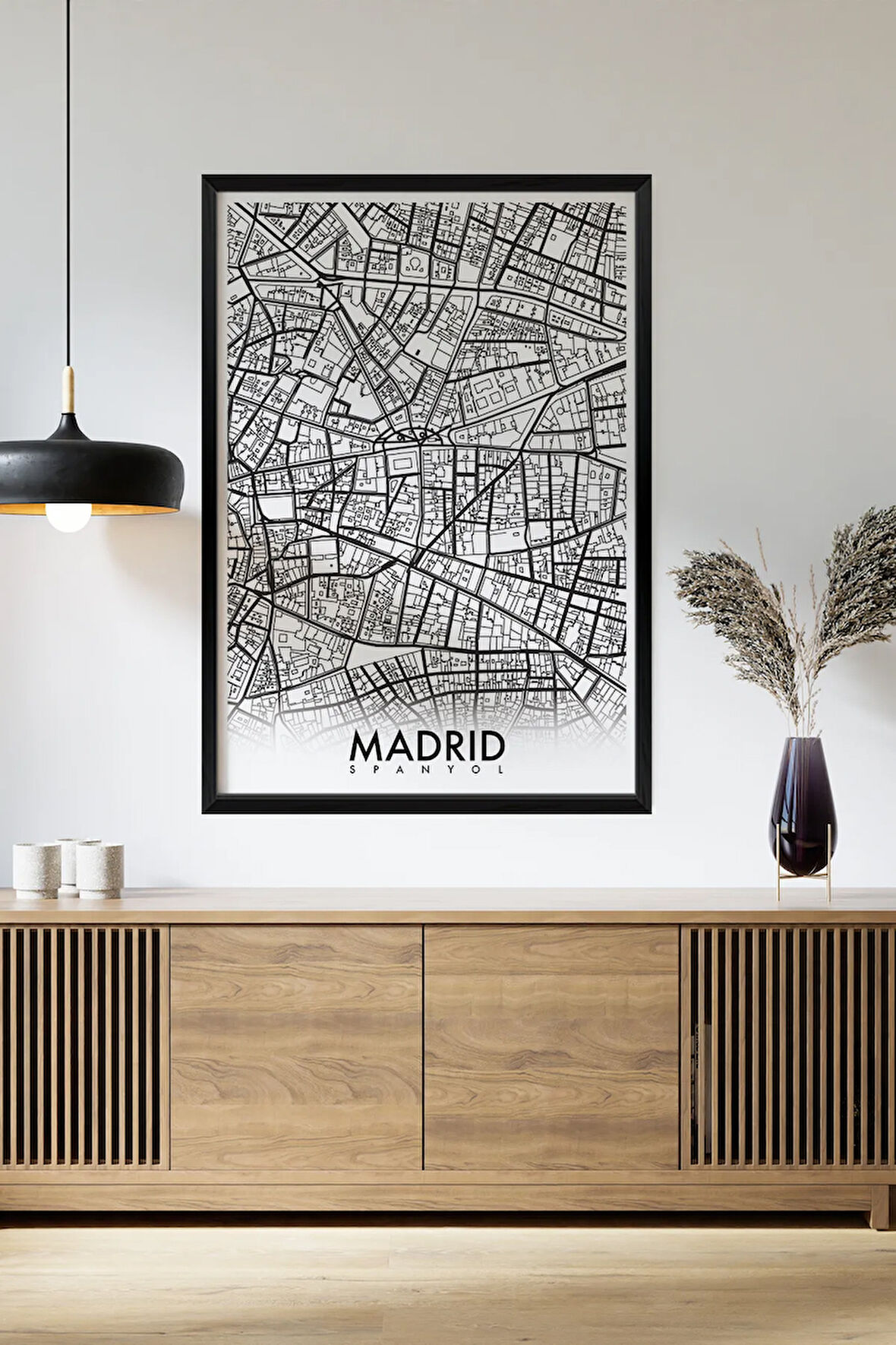 Tek Parça Siyah Çerçeve Görünümlü "Madrid Beyaz" Harita Mdf Tablo