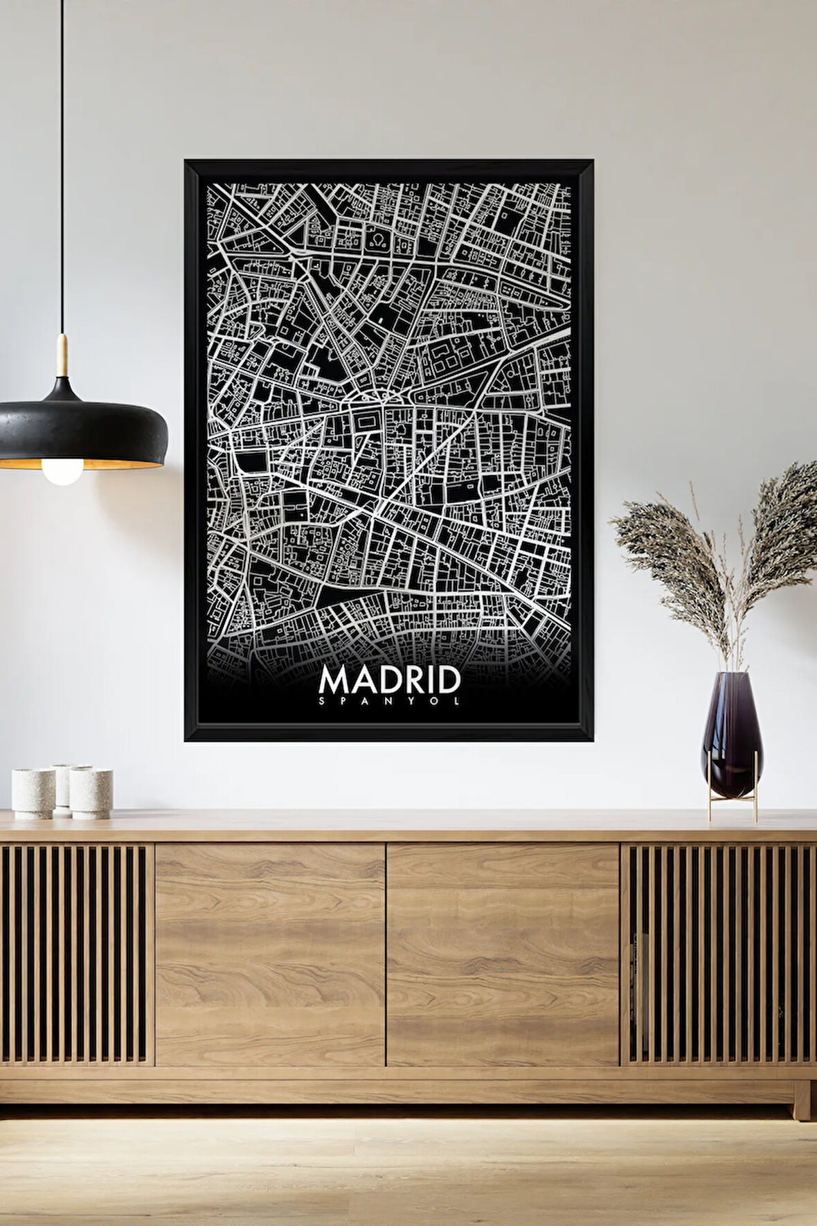 Tek Parça Siyah Çerçeve Görünümlü "Madrid Siyah" Harita Mdf Tablo