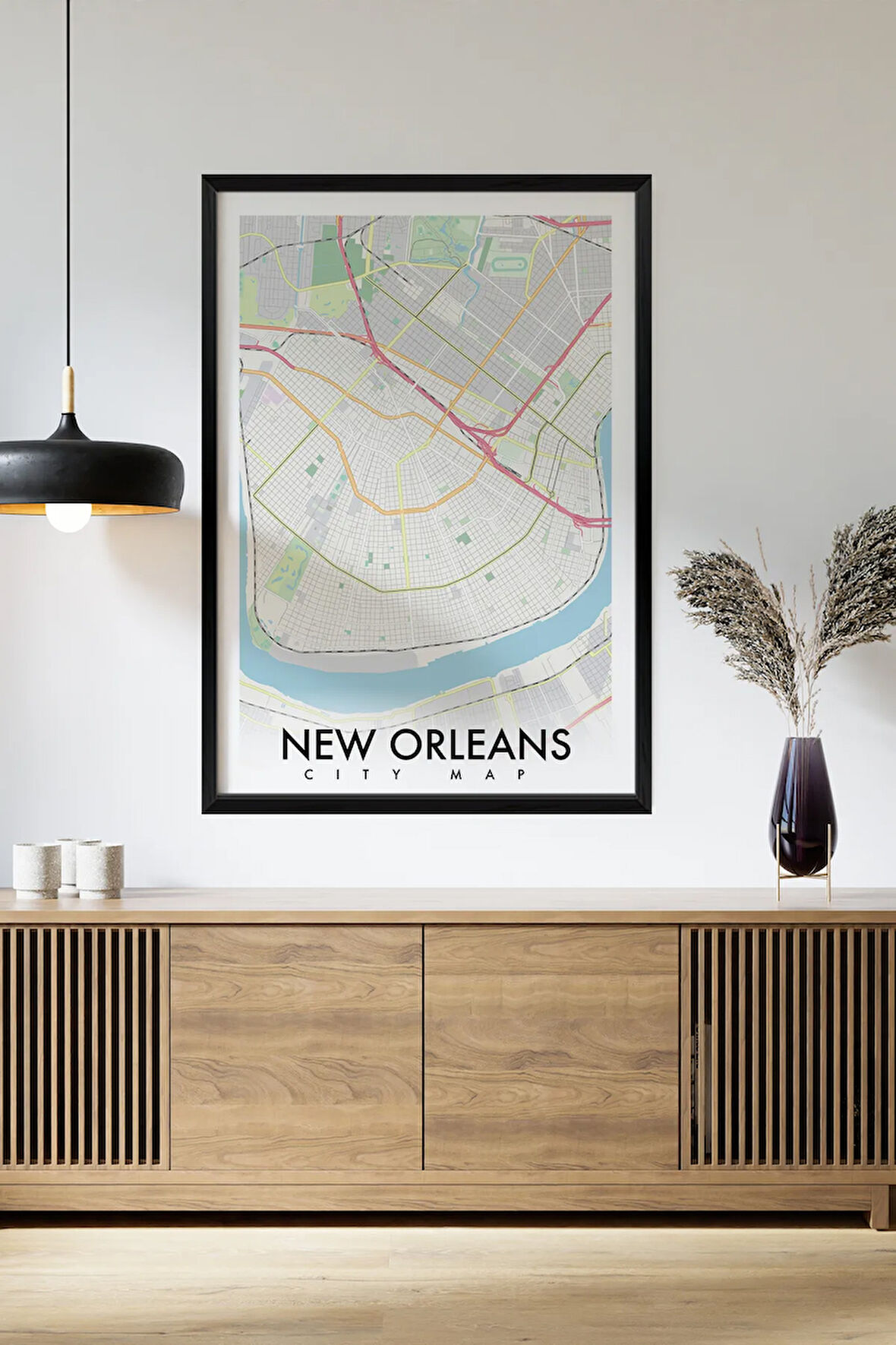 Tek Parça Siyah Çerçeve Görünümlü "New Orleans Beyaz" Harita Mdf Tablo