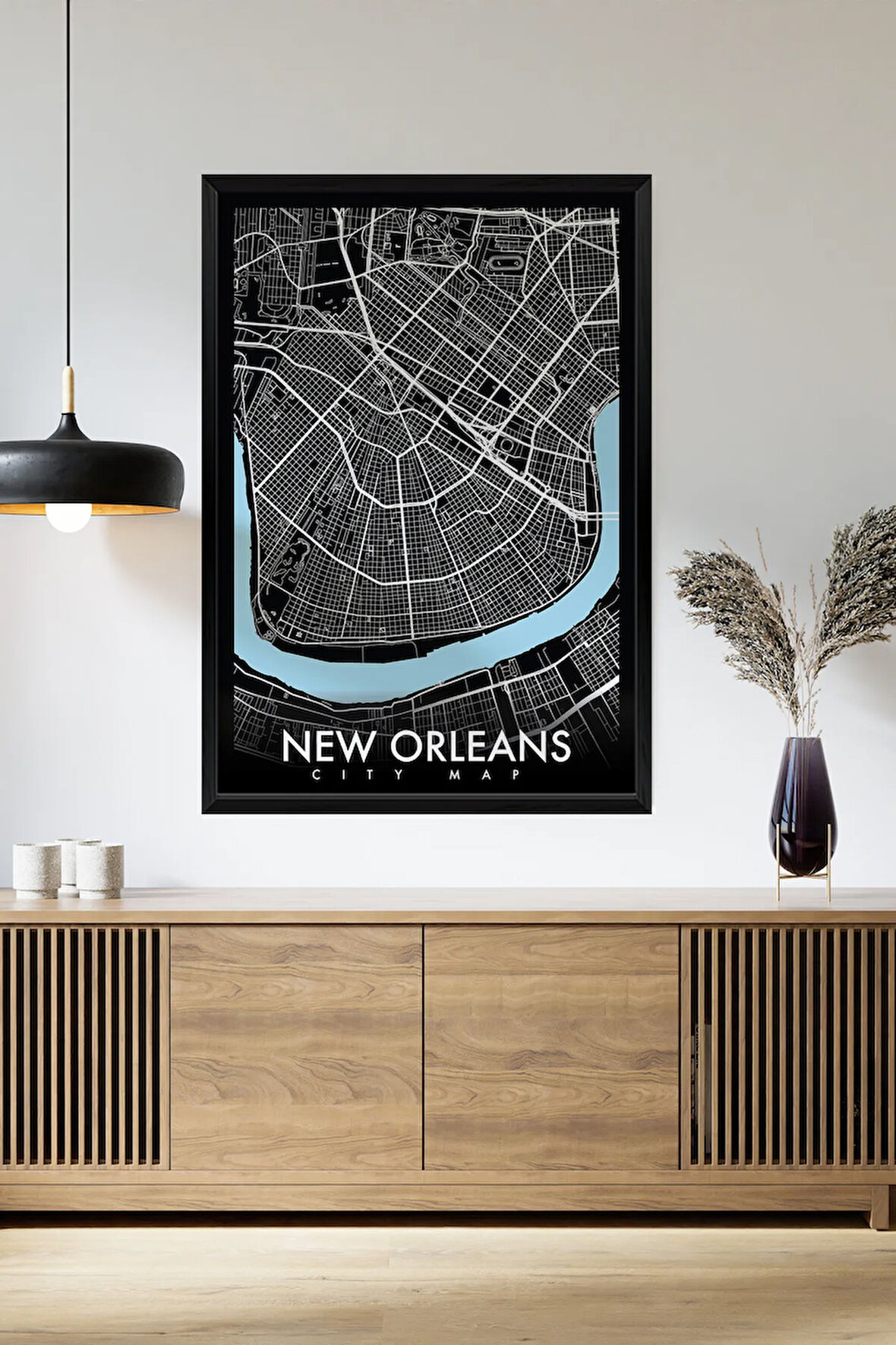 Tek Parça Siyah Çerçeve Görünümlü "New Orleans Siyah" Harita Mdf Tablo