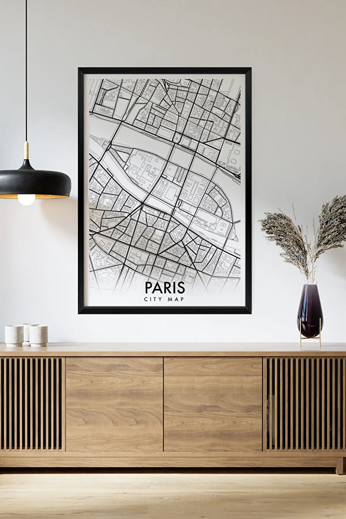 Tek Parça Siyah Çerçeve Görünümlü "Paris Beyaz" Harita Mdf Tablo