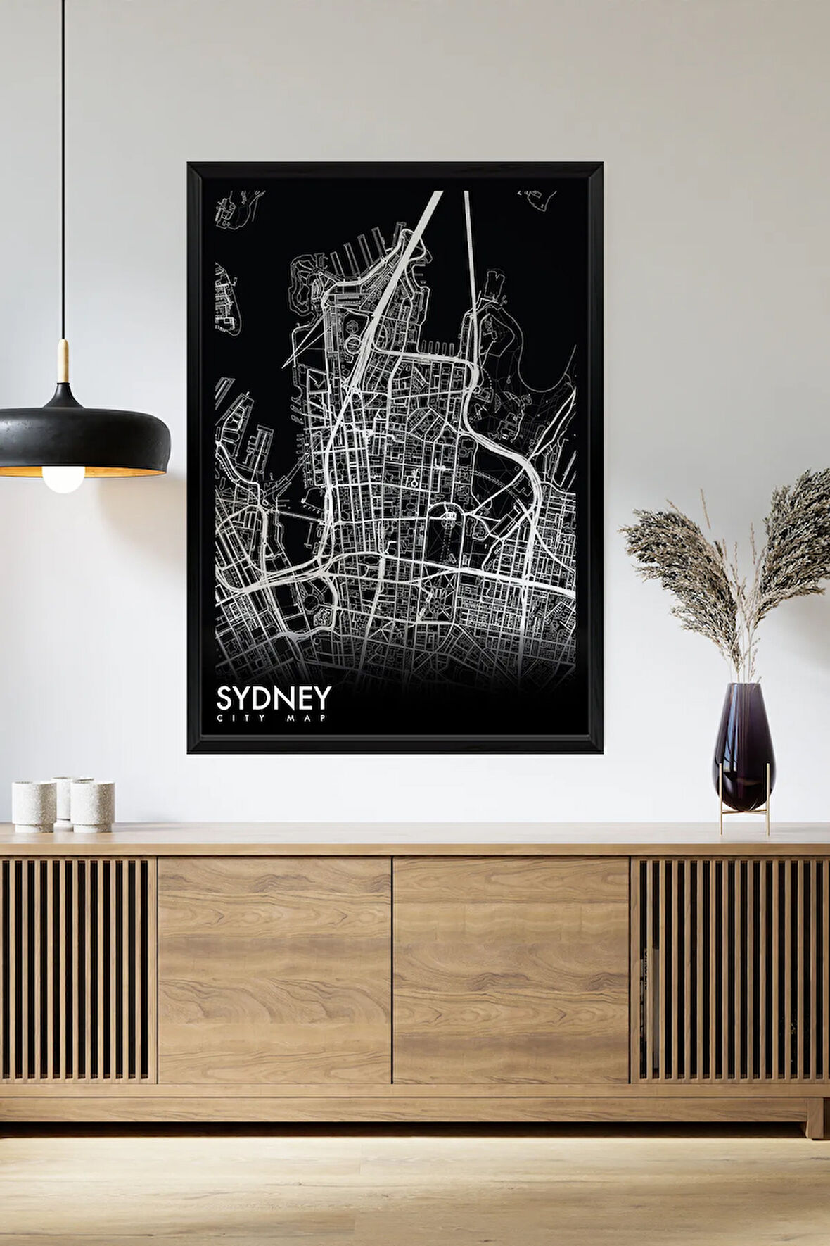 Tek Parça Siyah Çerçeve Görünümlü "Sydney Siyah" Harita Mdf Tablo