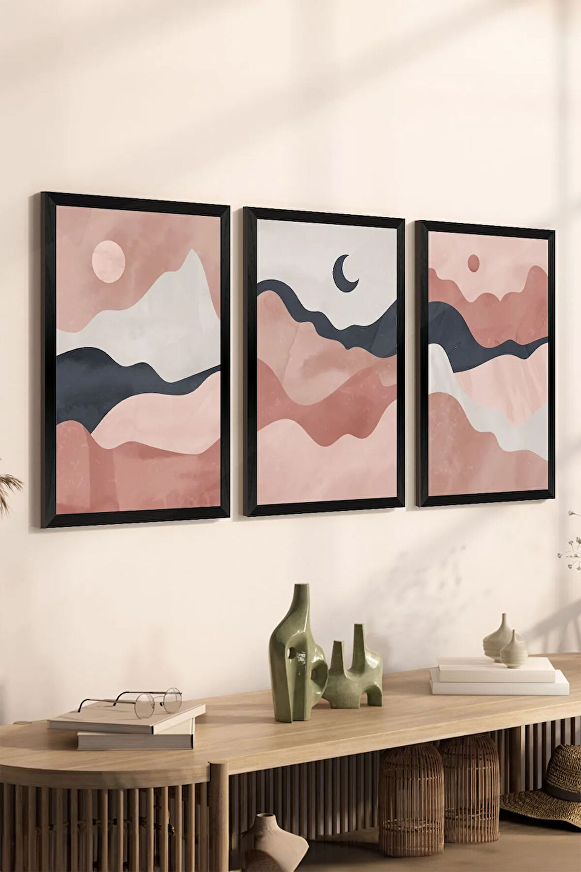 3 Parça Siyah Çerçeve Görünümlü Mdf Tablo Seti - Set 3