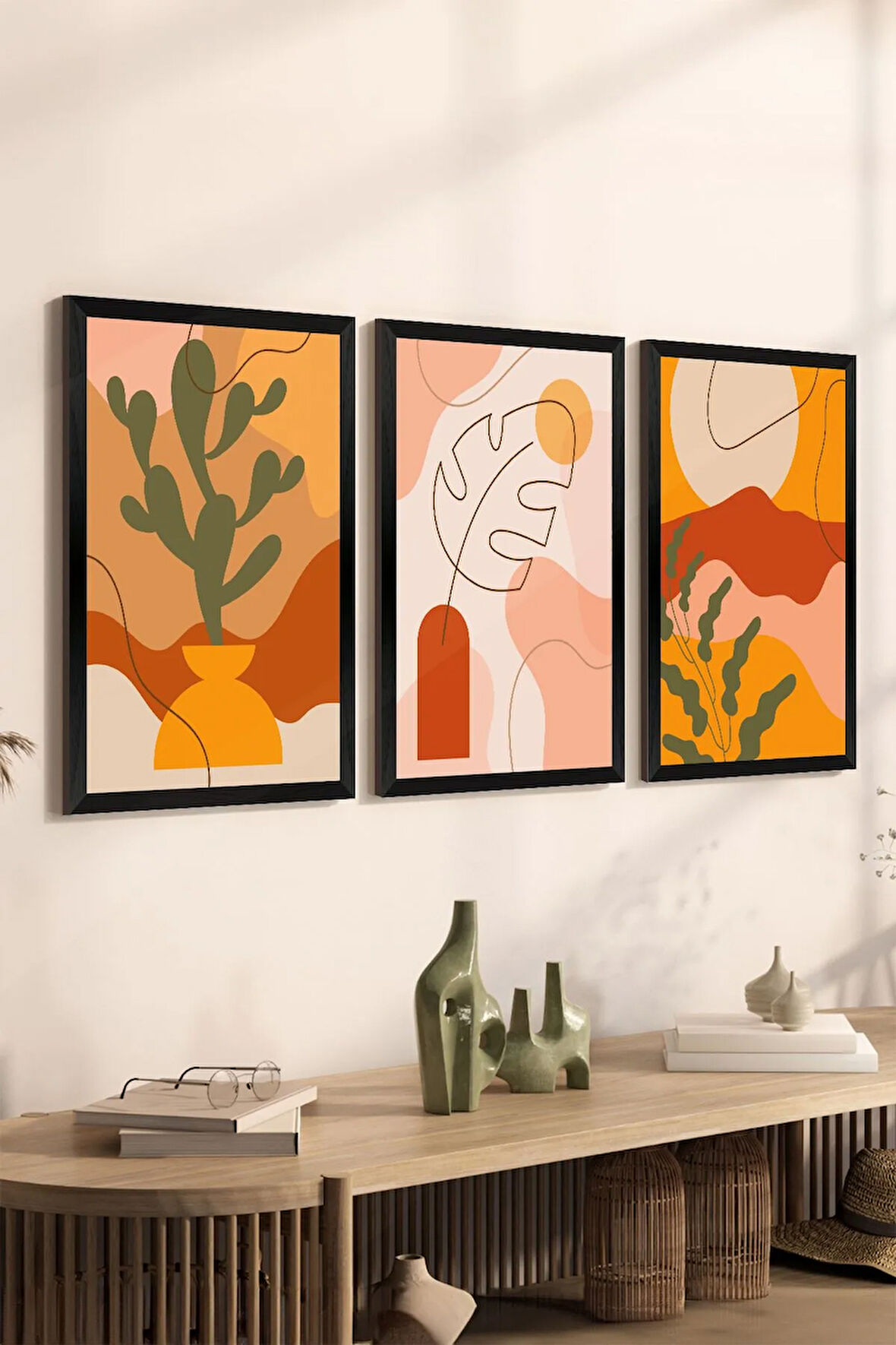 3 Parça Siyah Çerçeve Görünümlü Mdf Tablo Seti - Set 1