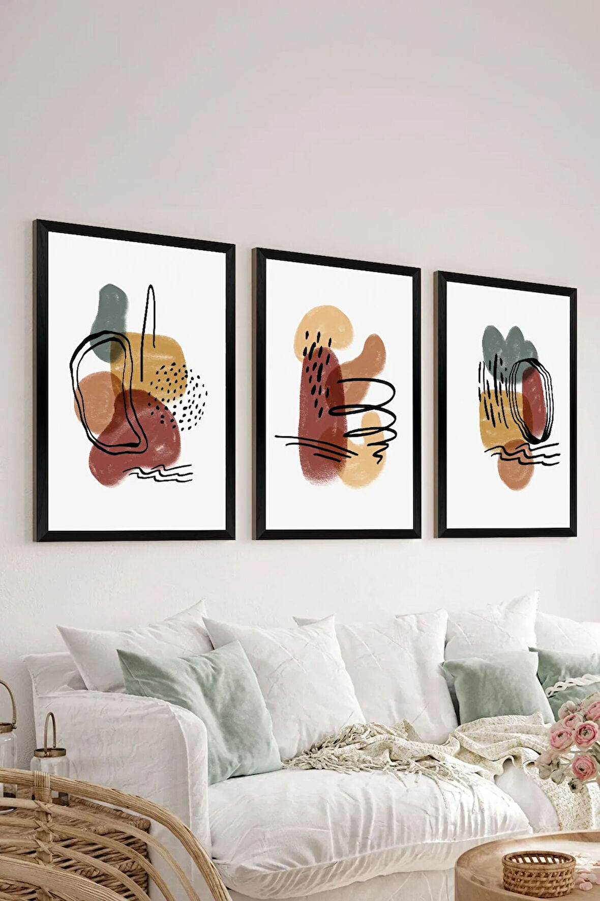 3 Parça Siyah Çerçeve Görünümlü Mdf Tablo Seti - Set 8