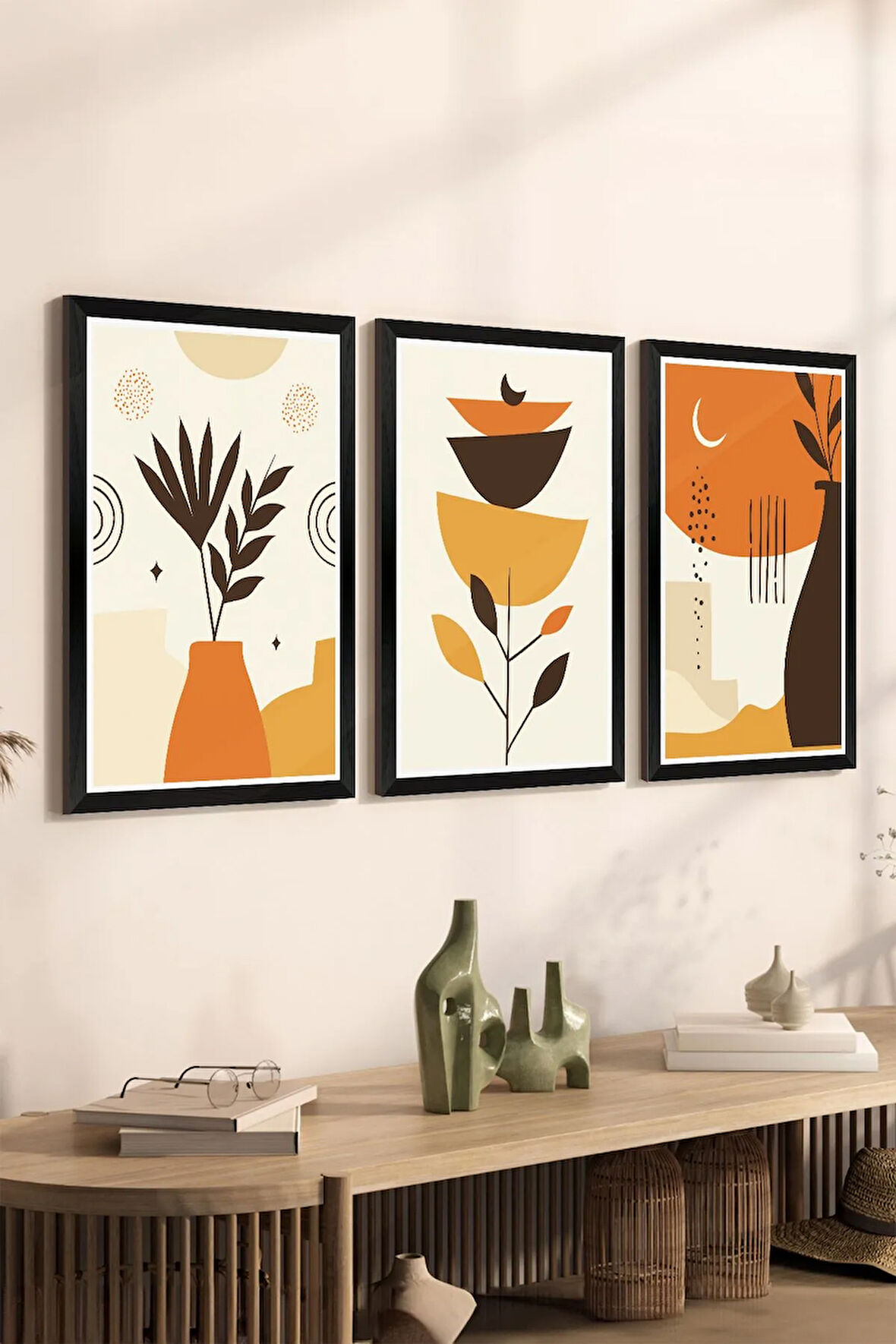 3 Parça Siyah Çerçeve Görünümlü Mdf Tablo Seti - Set 15