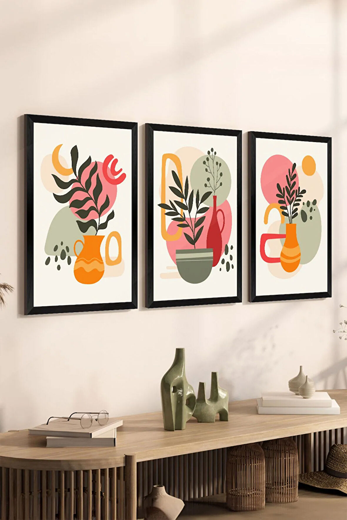 3 Parça Siyah Çerçeve Görünümlü Mdf Tablo Seti - Set 23
