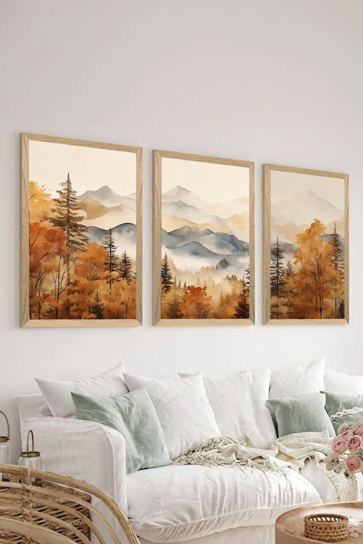 3 Parça Ahşap Çerçeve Görünümlü Mdf Tablo Seti - ERSYCRVSZ3SET4