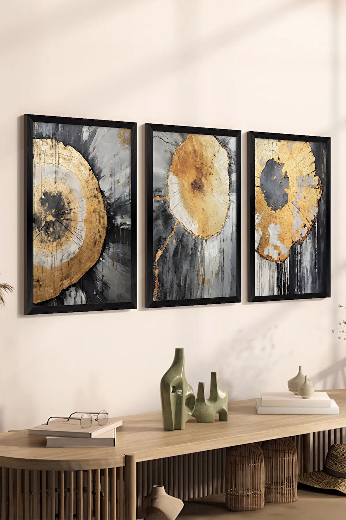 3 Parça Siyah Çerçeve Görünümlü MDF Poster Tablo Seti - Set 10