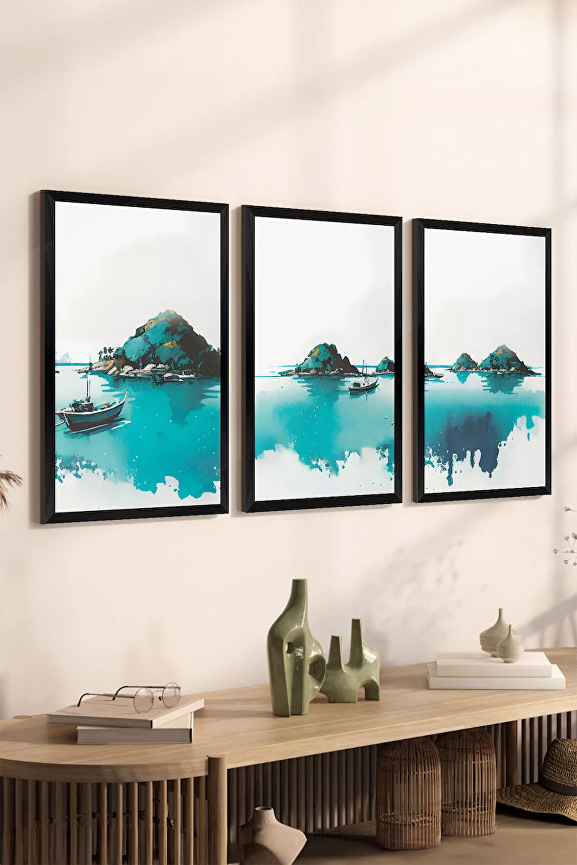 3 Parça Siyah Çerçeve Görünümlü MDF Poster Tablo Seti - Set 18