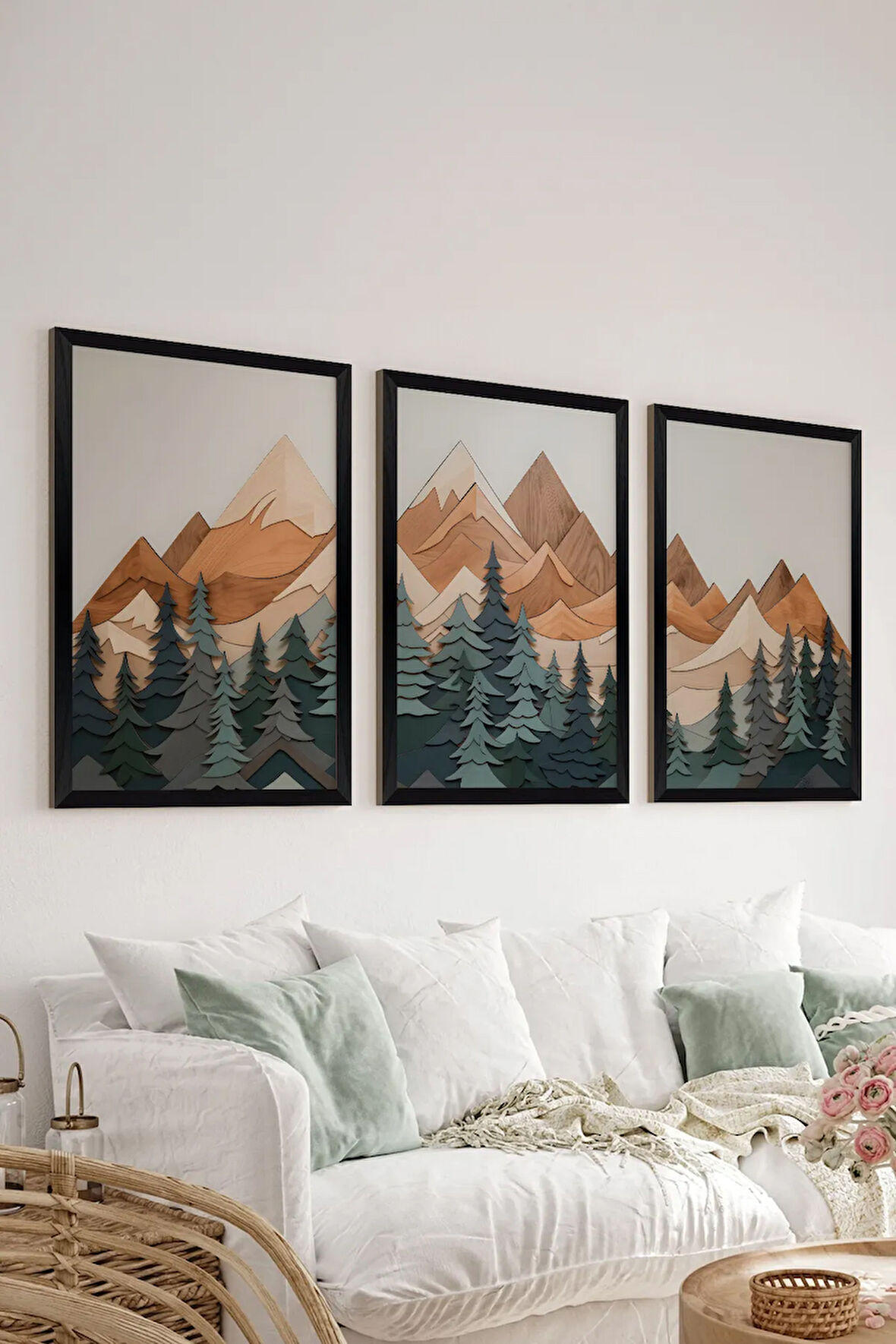 3 Parça Siyah Çerçeve Görünümlü MDF Poster Tablo Seti - Set 24