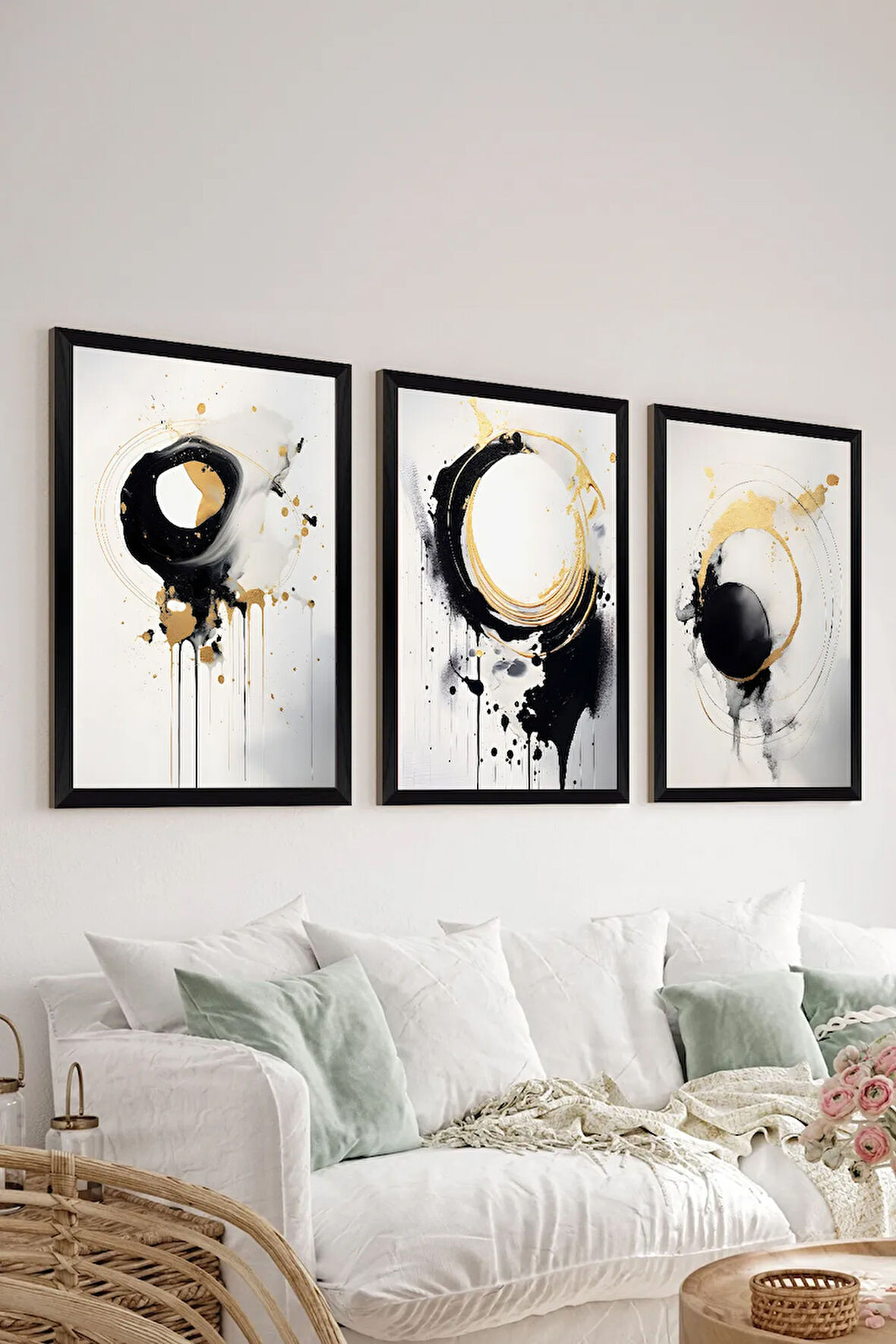 3 Parça Siyah Çerçeve Görünümlü MDF Poster Tablo Seti - Set 28