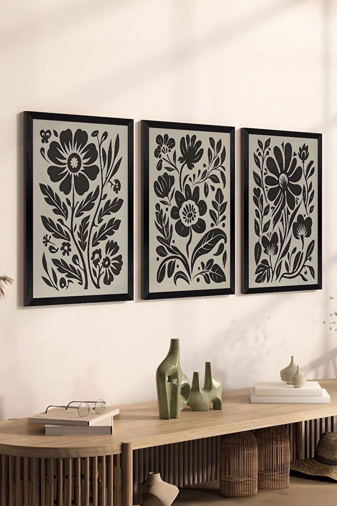 3 Parça Siyah Çerçeve Görünümlü MDF Poster Tablo Seti - Set 30