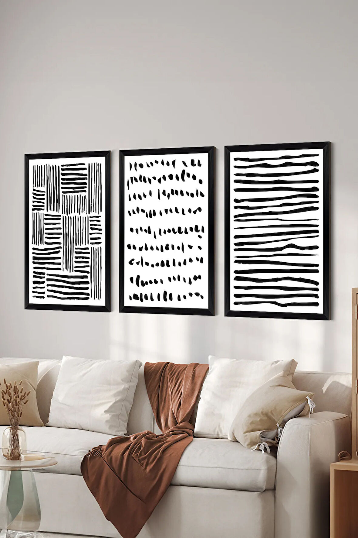 3 Parça Siyah Çerçeve Görünümlü MDF Poster Tablo Seti - Set 33
