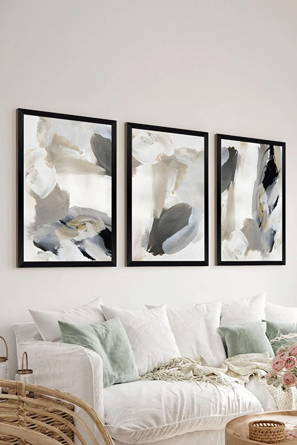 3 Parça Siyah Çerçeve Görünümlü MDF Poster Tablo Seti - Set 36