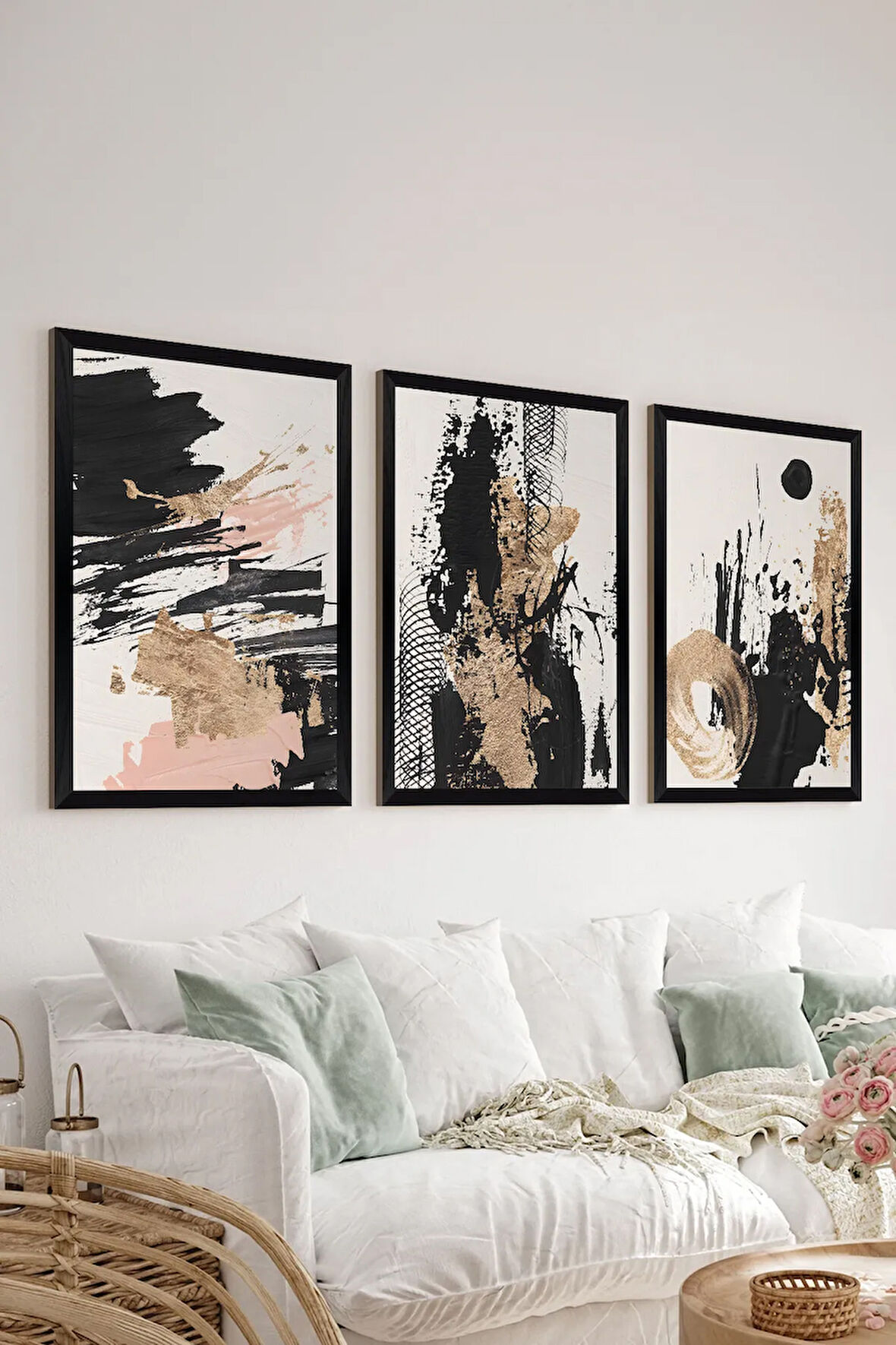 3 Parça Siyah Çerçeve Görünümlü MDF Poster Tablo Seti - Set 40