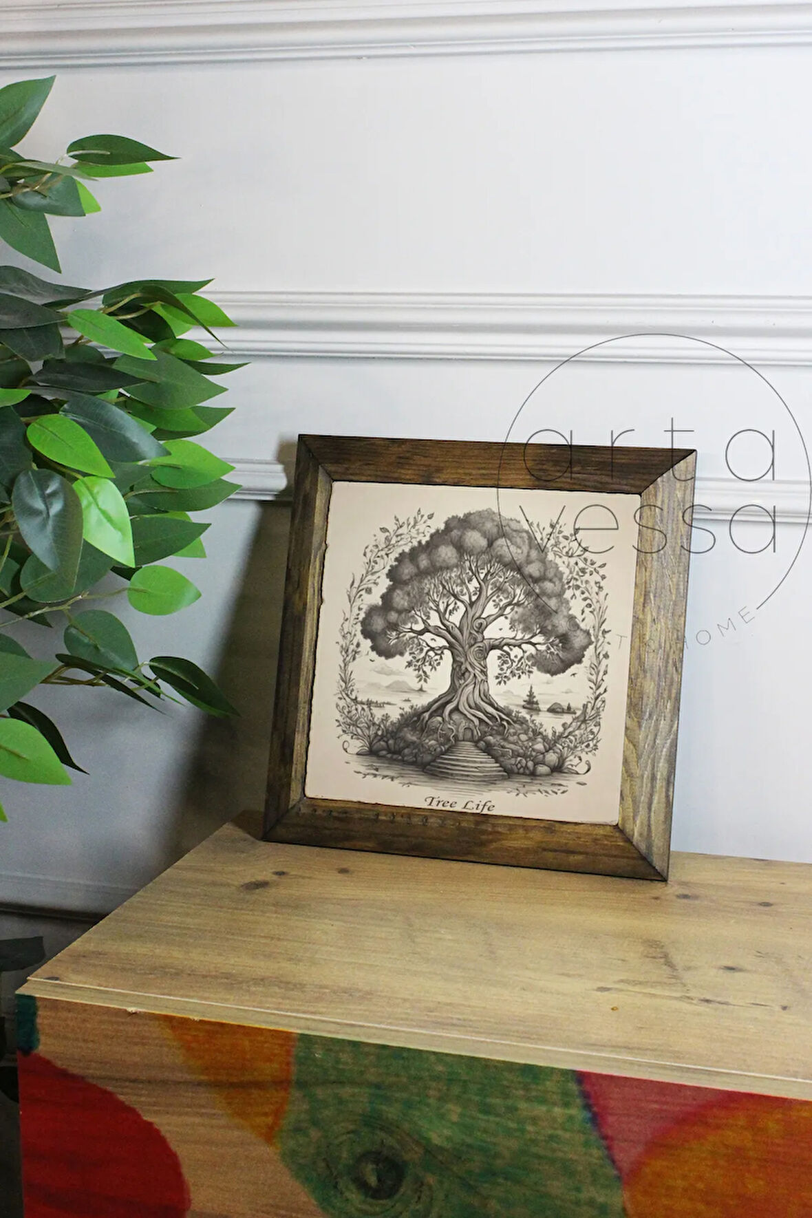Masif Ahşap Çerçeveli Taş Tablo Pano 26 x 26 cm - Ağaç Model 1