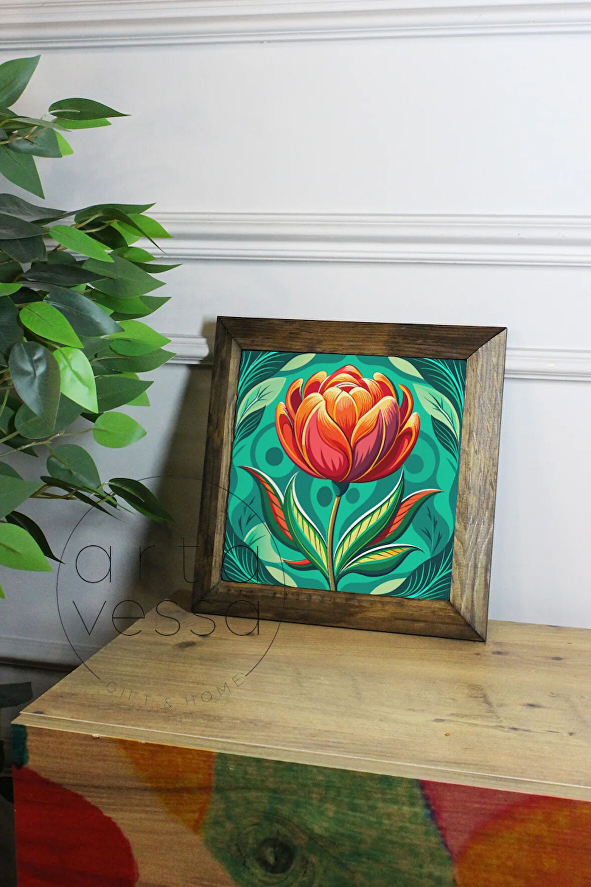 Masif Ahşap Çerçeveli Taş Tablo Pano 26 x 26 cm - Bahar ve Çiçek 1