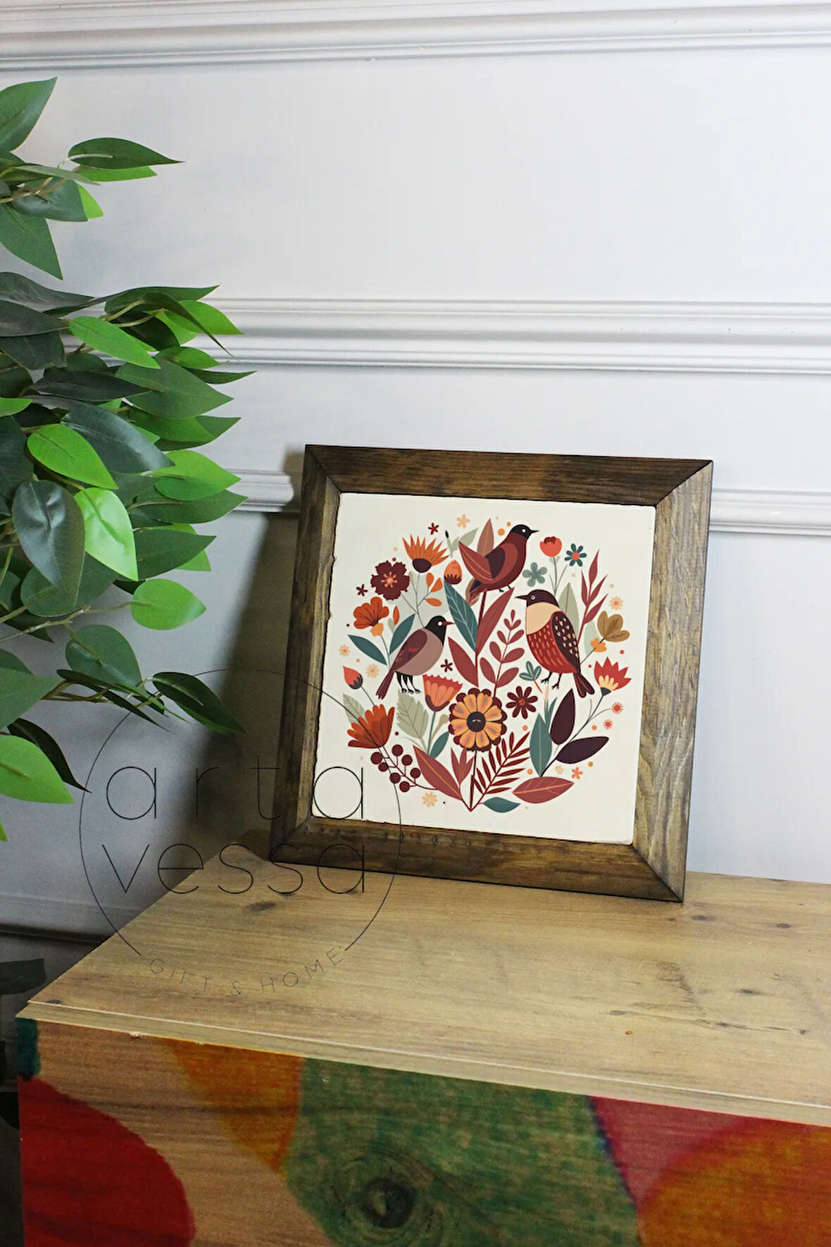 Masif Ahşap Çerçeveli Taş Tablo Pano 16 x 16 cm - Bahar ve Kuşlar 1