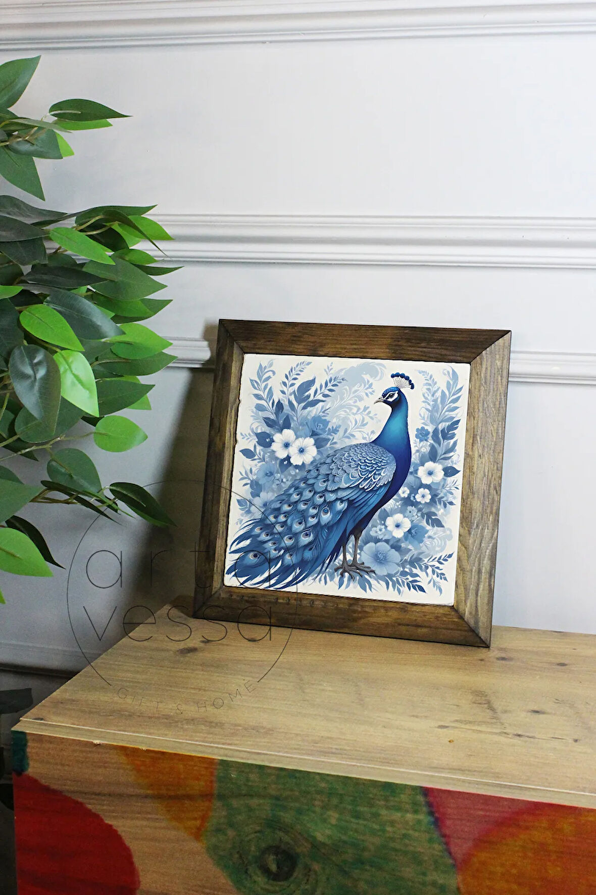 Masif Ahşap Çerçeveli Taş Tablo Pano 16 x 16 cm - Tavus Kuşu 1