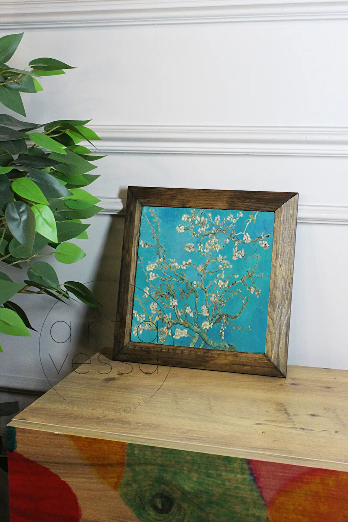 Masif Ahşap Çerçeveli Taş Tablo Pano 26 x 26 cm - Vincent Van Gogh-Almond Blossom