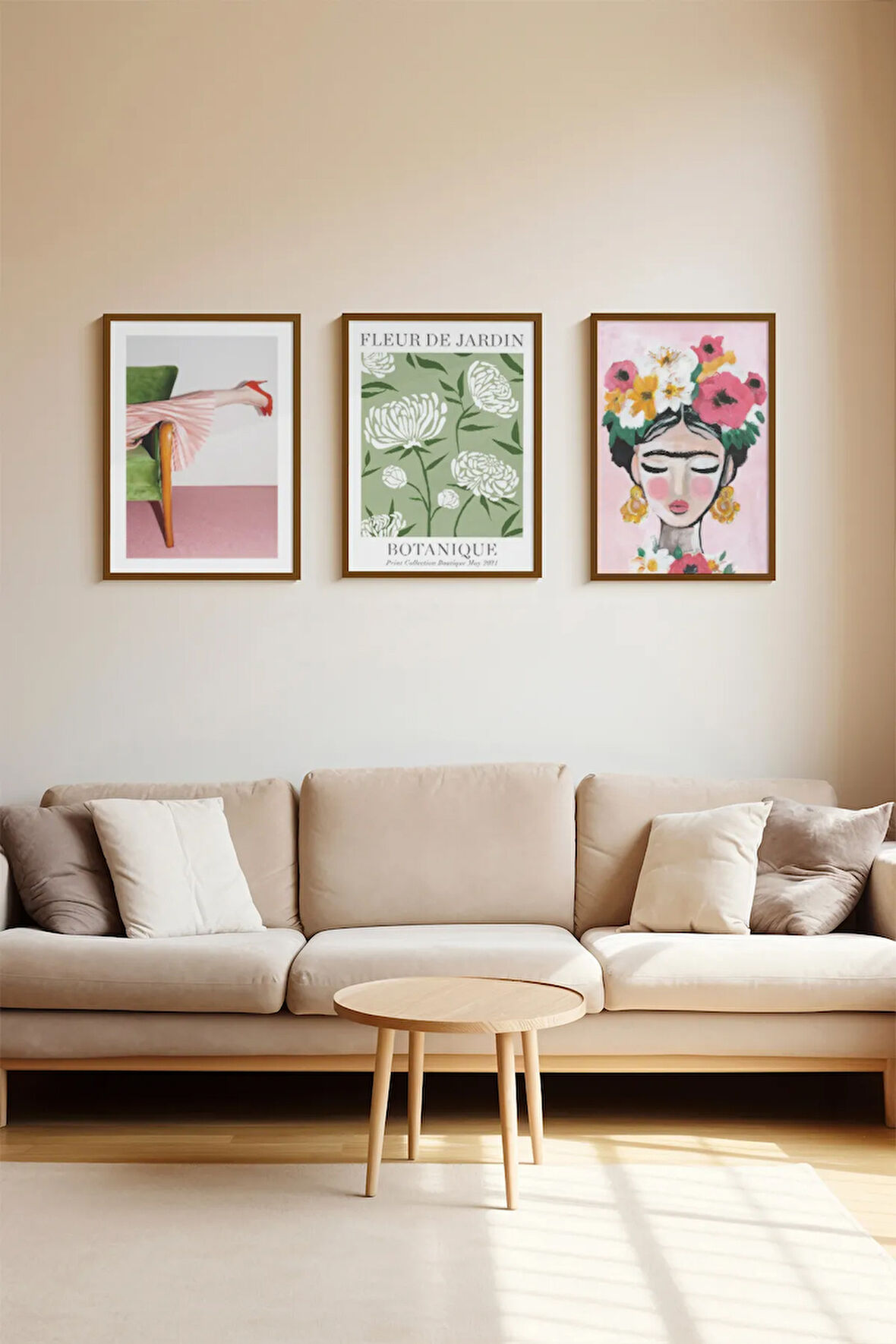 3 Parça Kahverengi Gerçek Ahşap Çerçeveli Tablo Seti - Model 7