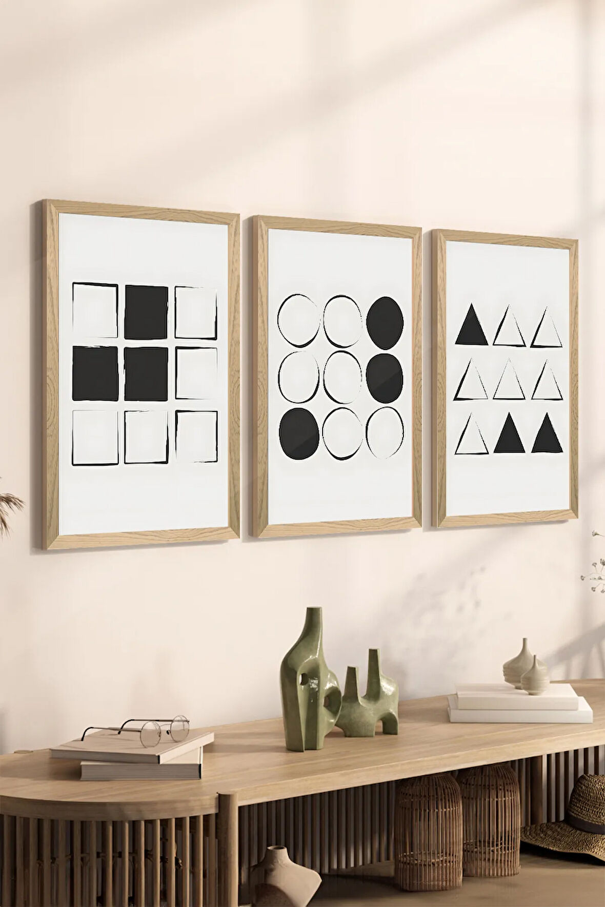 3 Parça Ahşap Çerçeve Görünümlü MDF Poster Tablo Seti - Set 34