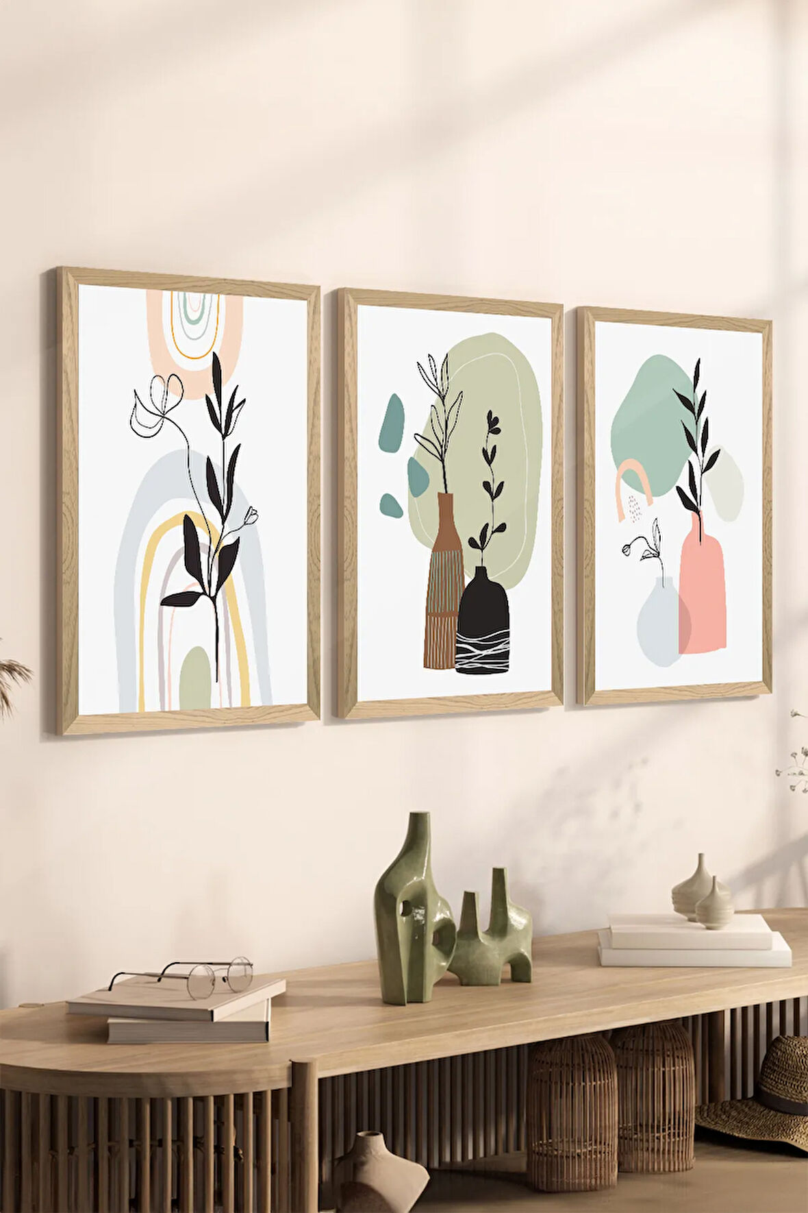 3 Parça Ahşap Çerçeve Görünümlü MDF Poster Tablo Seti - Set 124