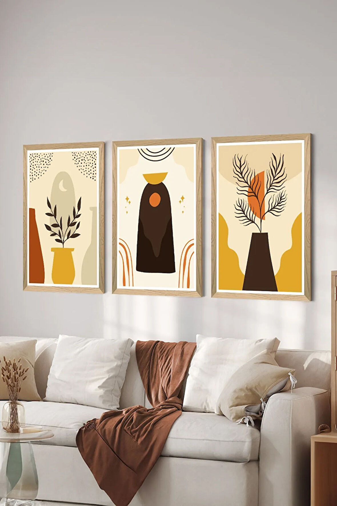 3 Parça Ahşap Çerçeve Görünümlü MDF Poster Tablo Seti - Set 108