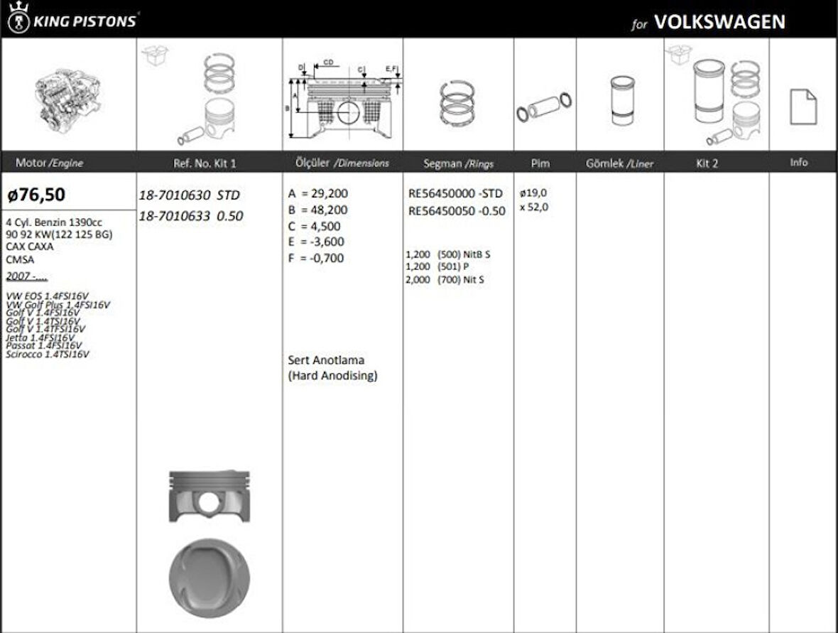 Vag Piston+segman (77,01mm 0,50) Golf V VI Superb Yeti A1 A3 Altea Leon Toledo IV Octavıa Rapıd Jetta II - Kingpiston 18-7010633