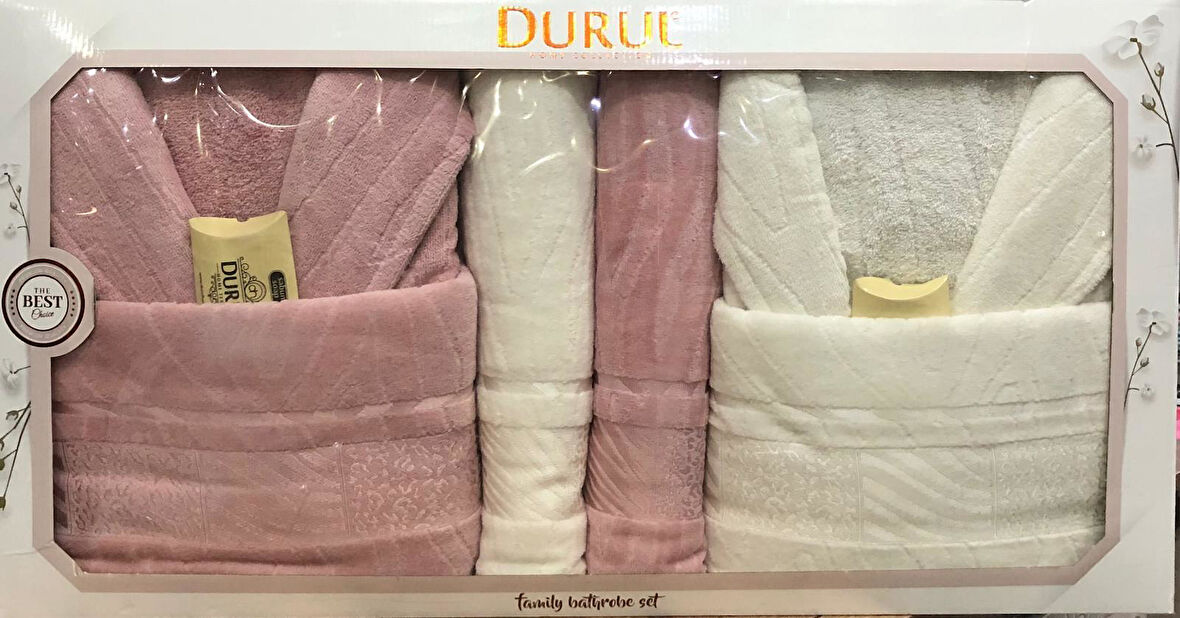 Durul Kadife Jakarlı Pamuklu 8 Parça Aile Bornoz Seti